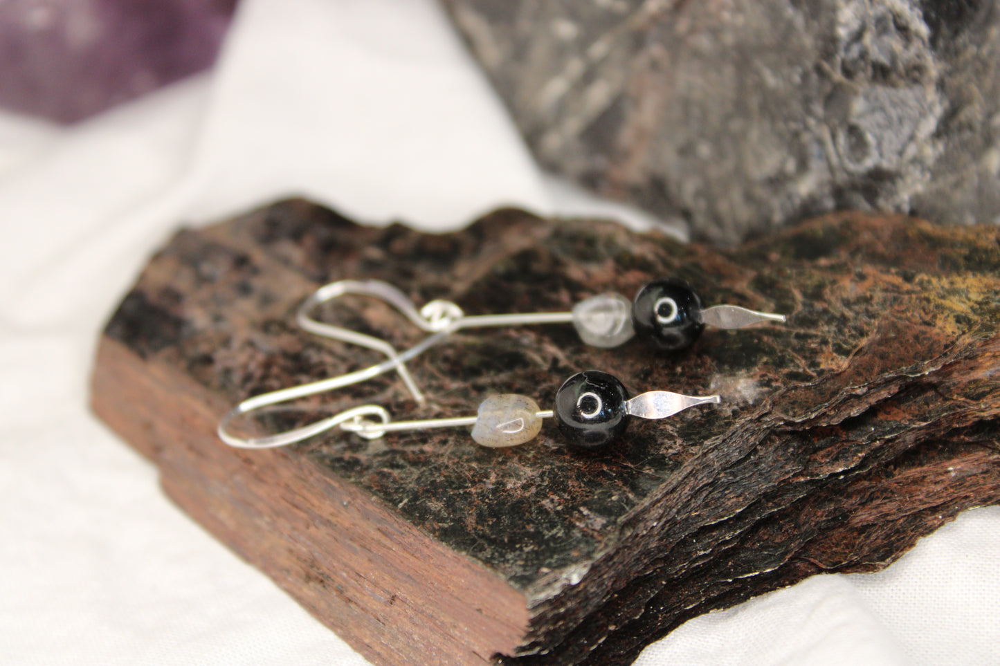 Sterling Silver Dangle Drop Earrings Black Tourmaline and Labradorite