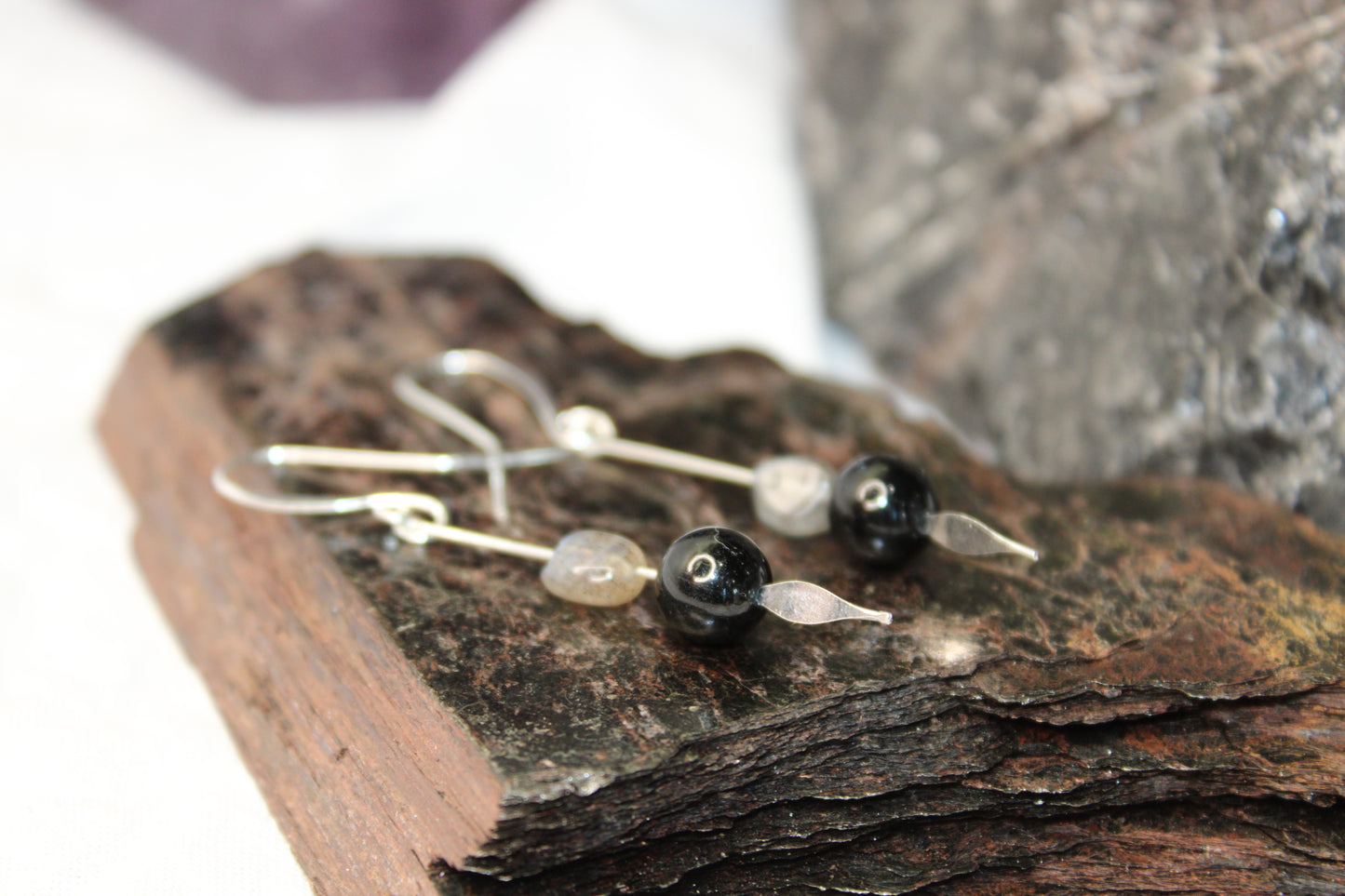 Sterling Silver Dangle Drop Earrings Black Tourmaline and Labradorite