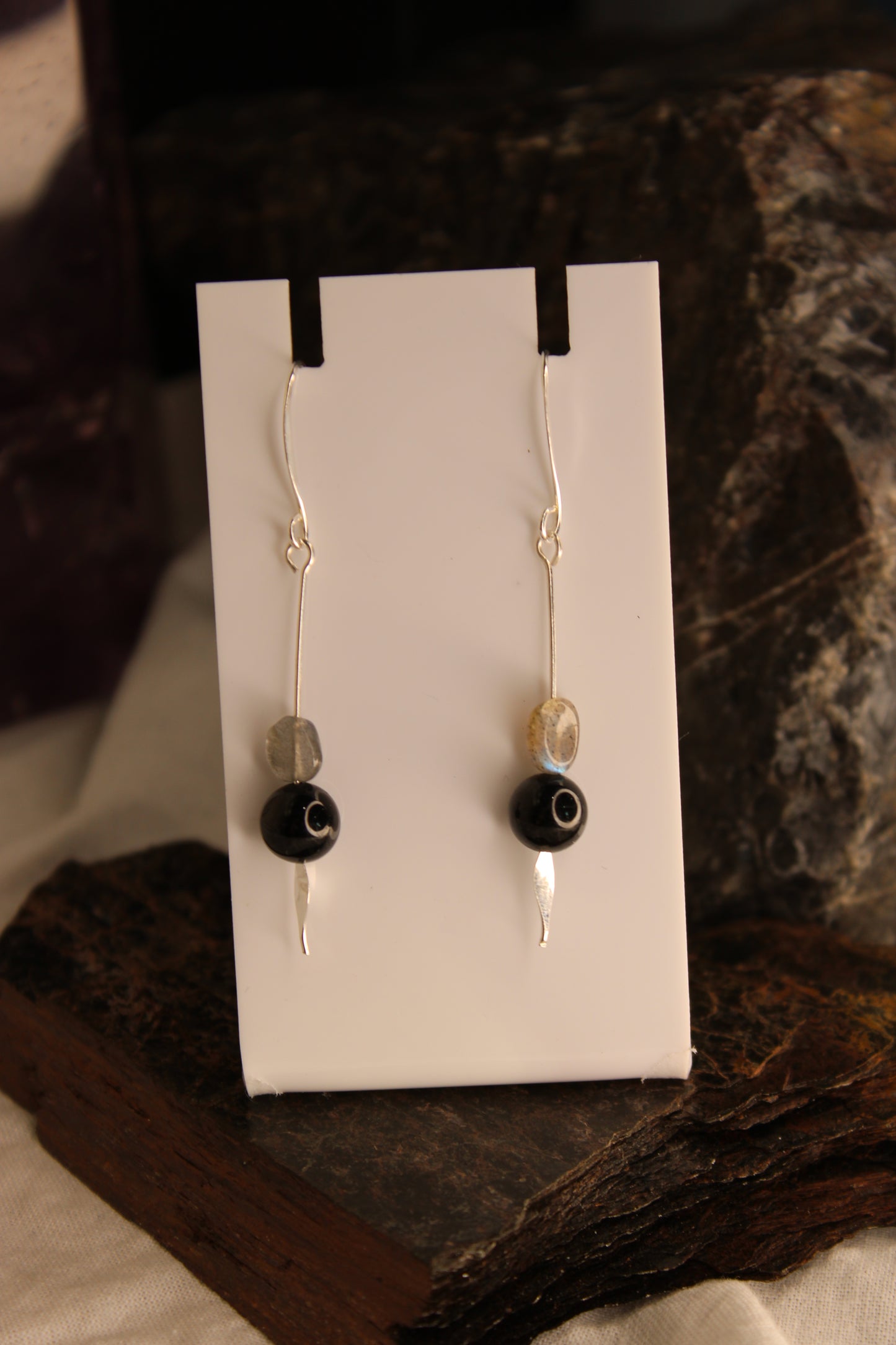 Sterling Silver Dangle Drop Earrings Black Tourmaline and Labradorite