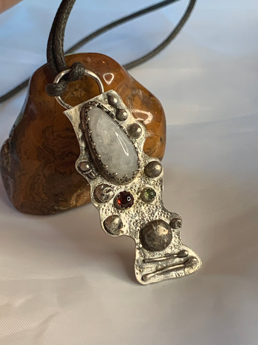 Large Abstract Geometric Garnet Peridot and Moonstone Sterling Silver Pendant