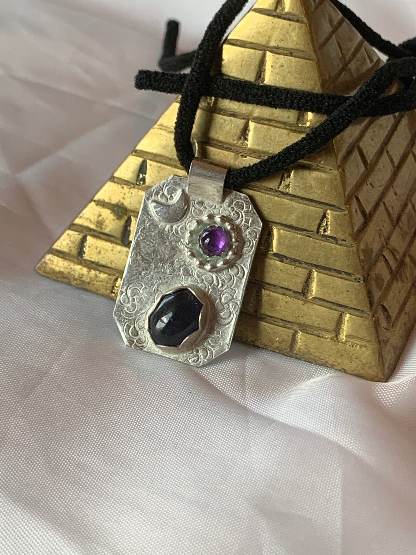 Sterling Silver Geometric Pendant Necklace Amethyst and Iolite