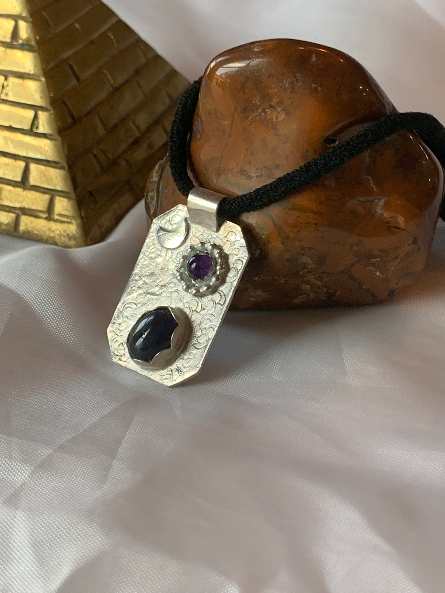 Sterling Silver Geometric Pendant Necklace Amethyst and Iolite