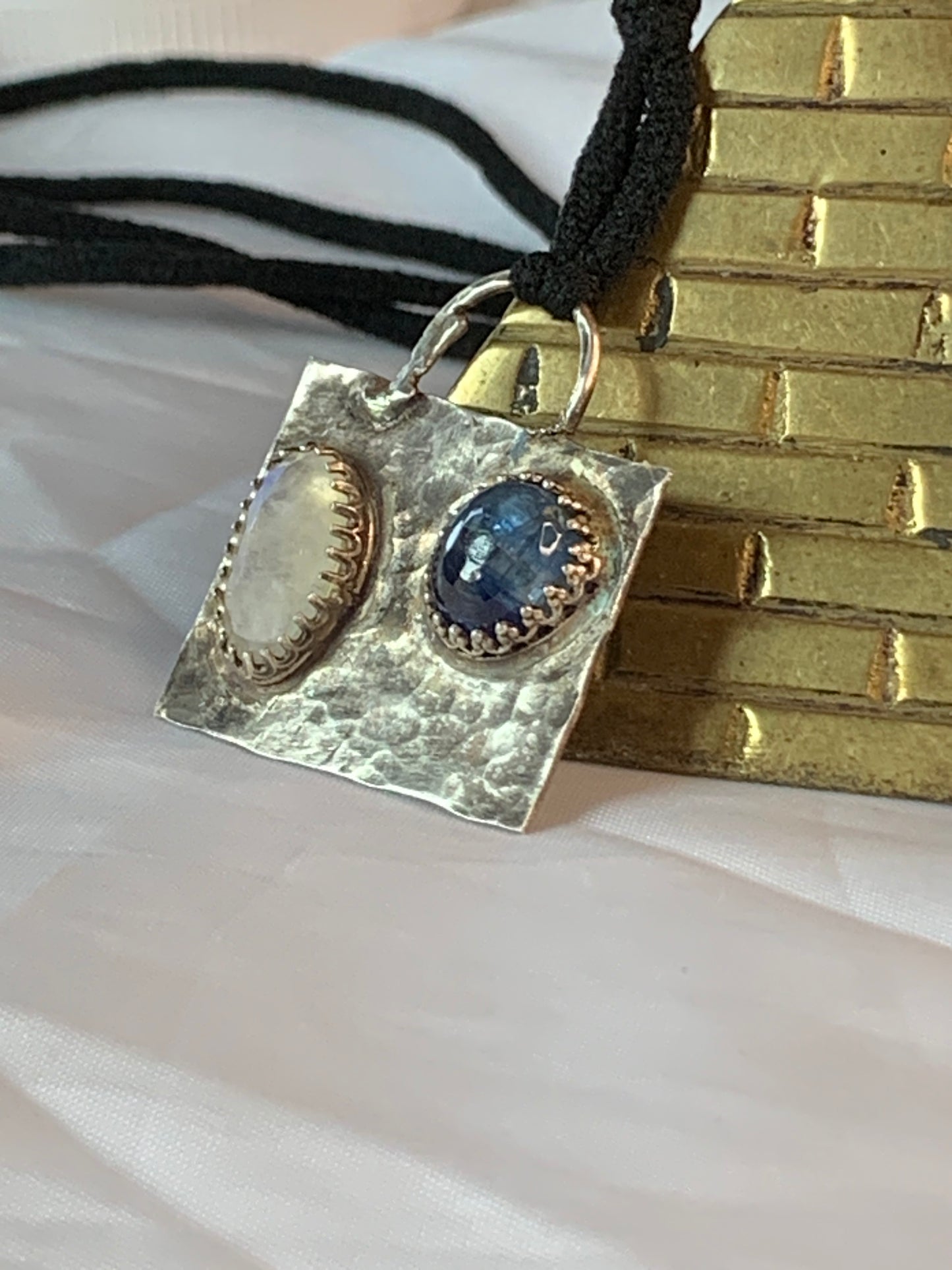 Hammered Oxidized Geometric Blue Kyanite and Rainbow Moonstone Pendant