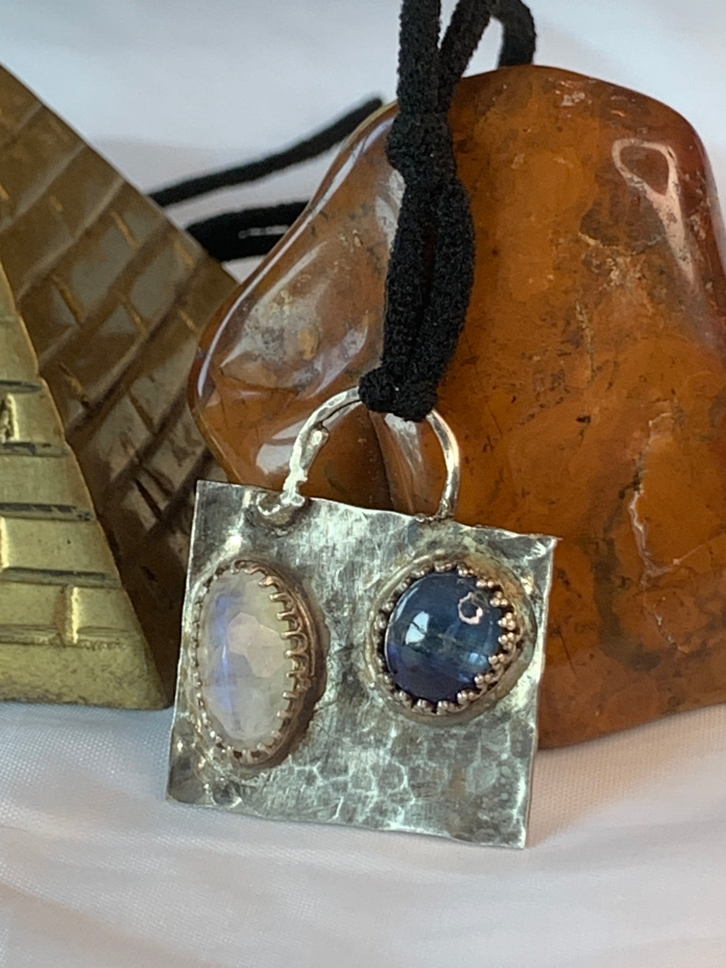 Hammered Oxidized Geometric Blue Kyanite and Rainbow Moonstone Pendant