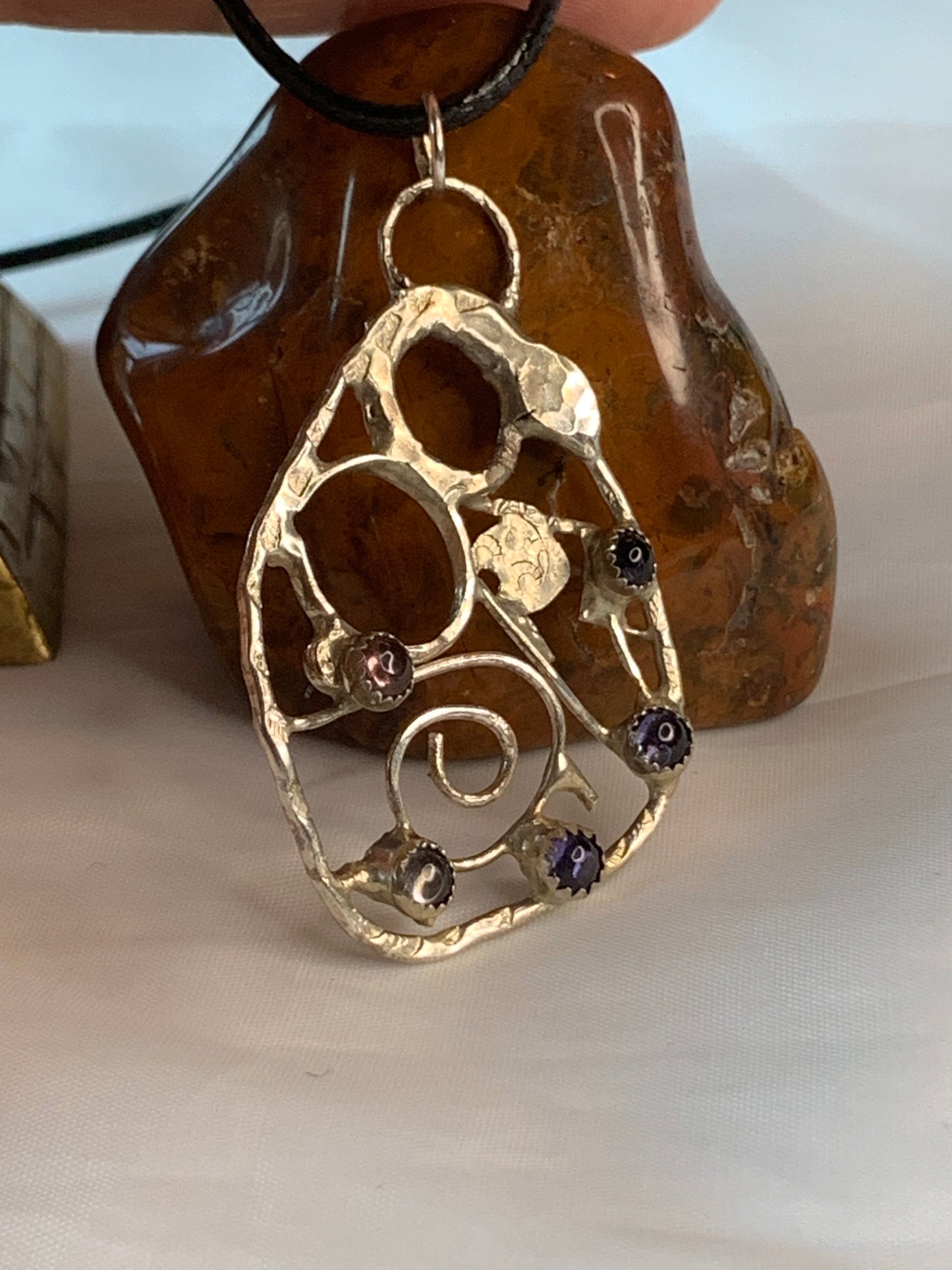 Large Abstract Filigree Sterling Silver Pendant with Tourmaline and Iolite Stones