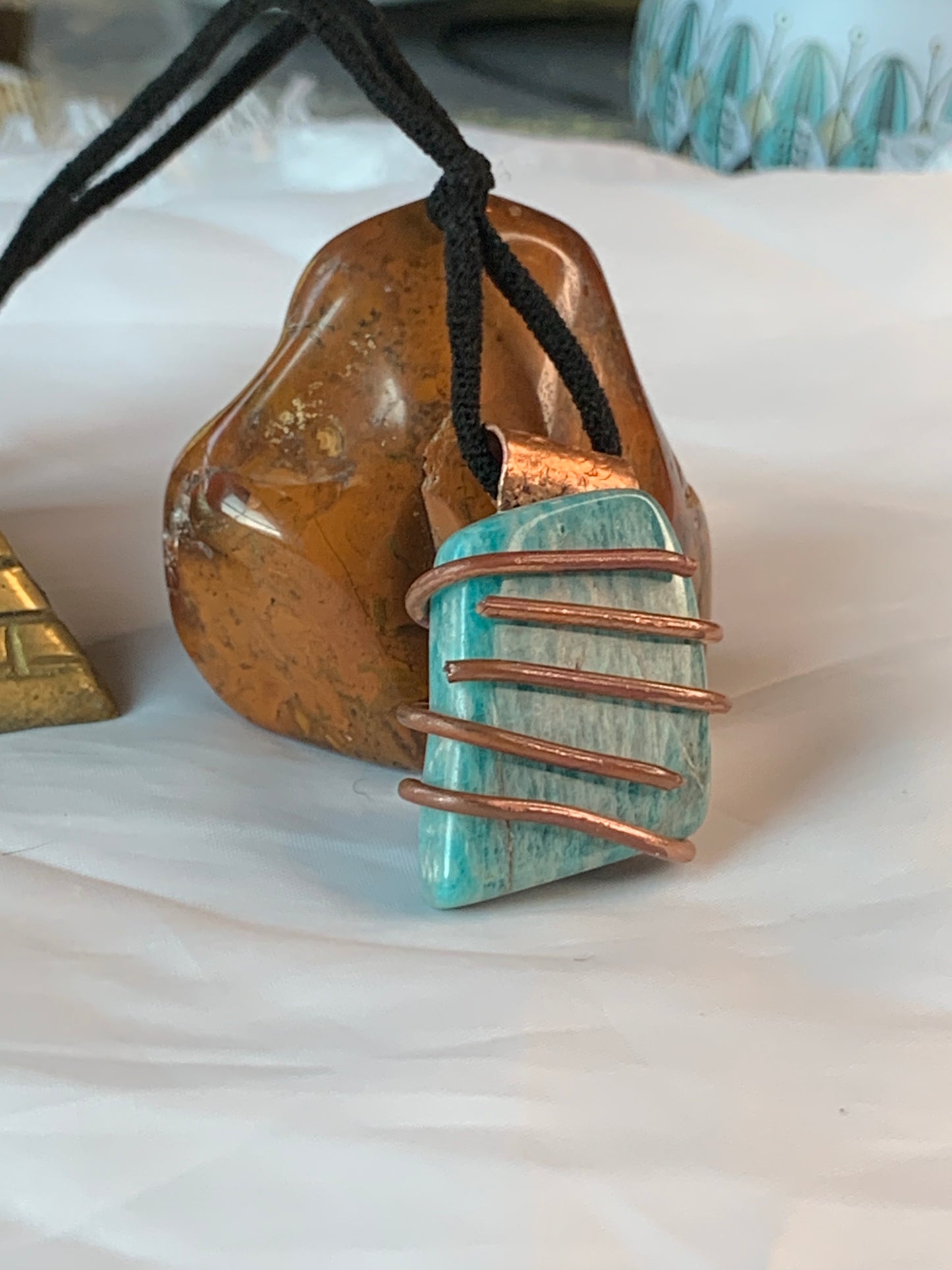 Huge Amazonite Copper Pendant Abstract Geometric Design