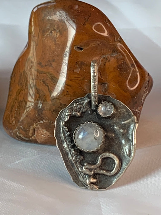 Unique Abstract Sterling Silver Pendant with Rainbow Moonstone