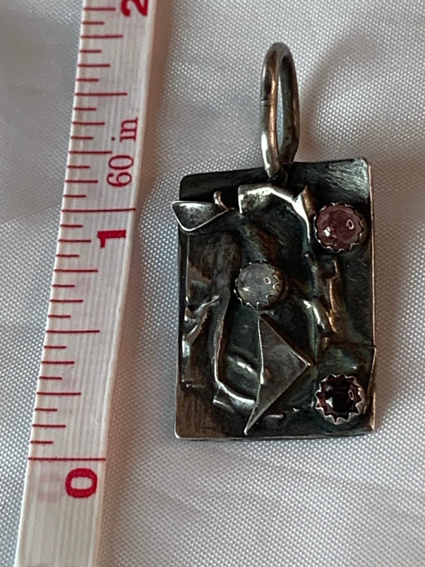 Oxidized Antiqued Abstract Geometric Sterling Pendant with Moonstone and Pink Tourmaline