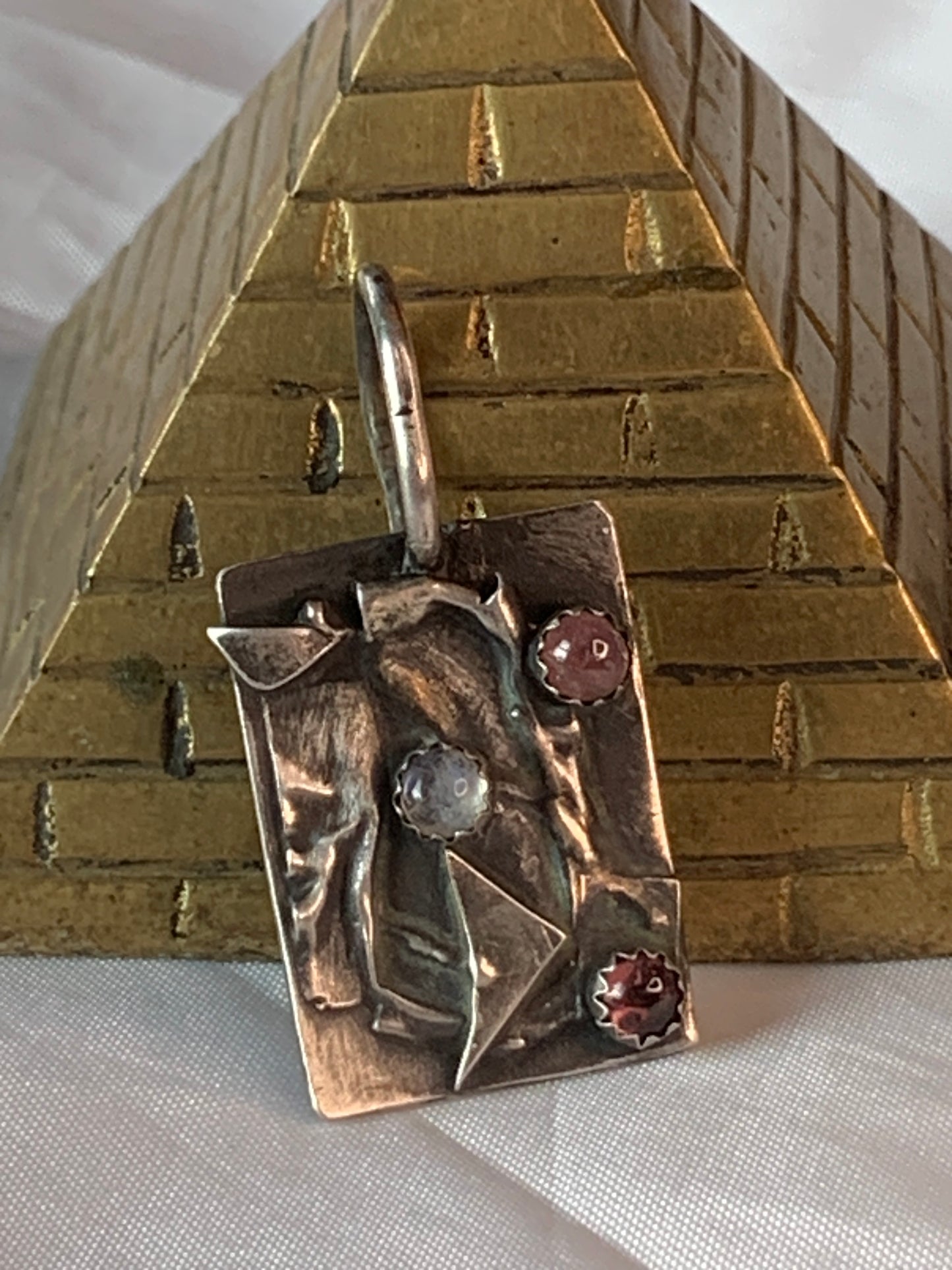 Oxidized Antiqued Abstract Geometric Sterling Pendant with Moonstone and Pink Tourmaline