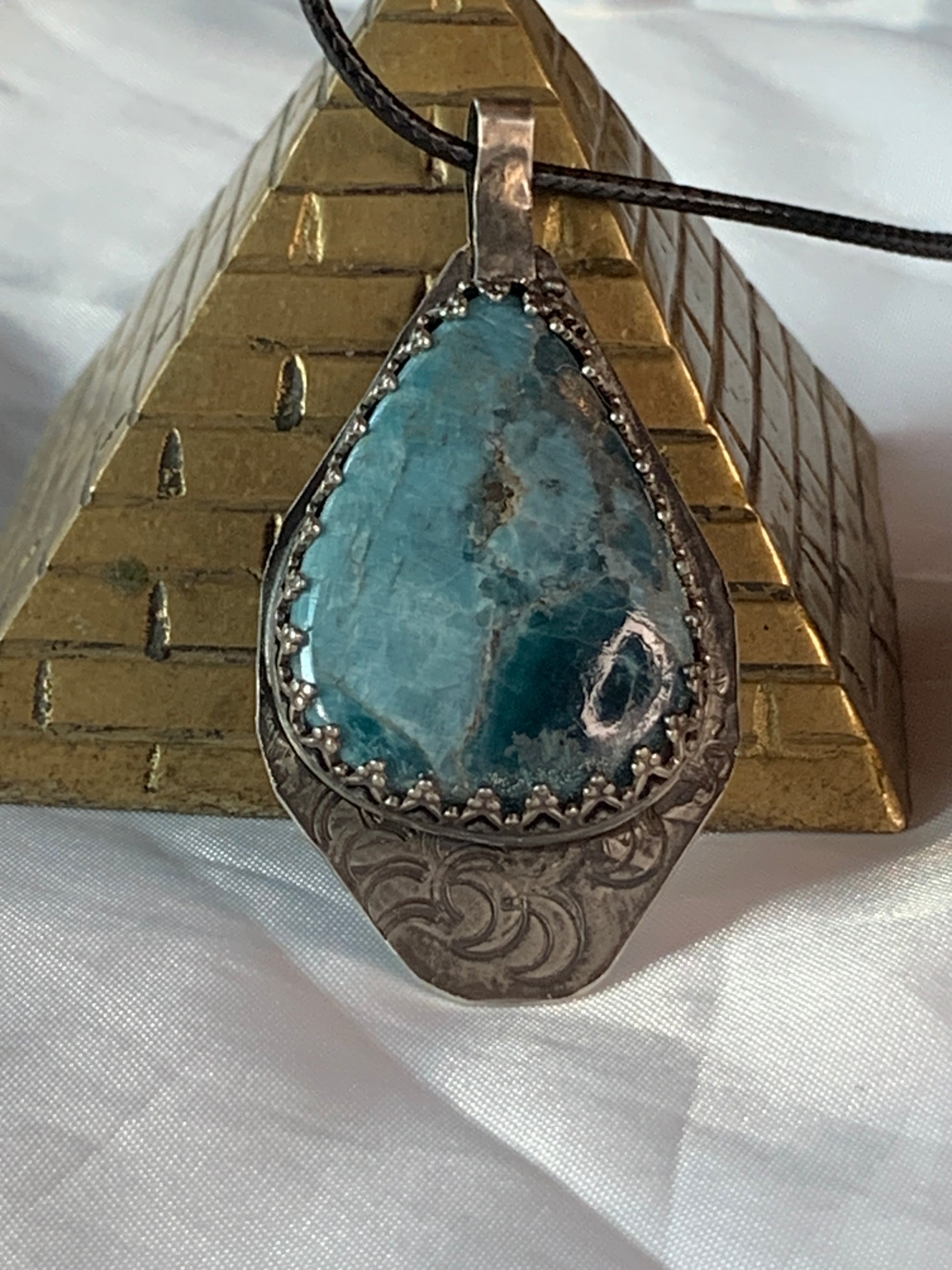 Large Oxidized Hammered Moon Shattuckite Sterling Silver Pendant