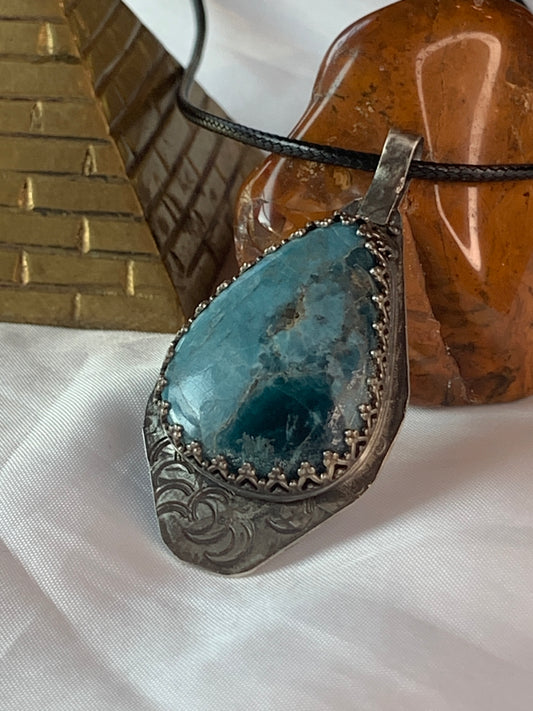 Large Oxidized Hammered Moon Shattuckite Sterling Silver Pendant