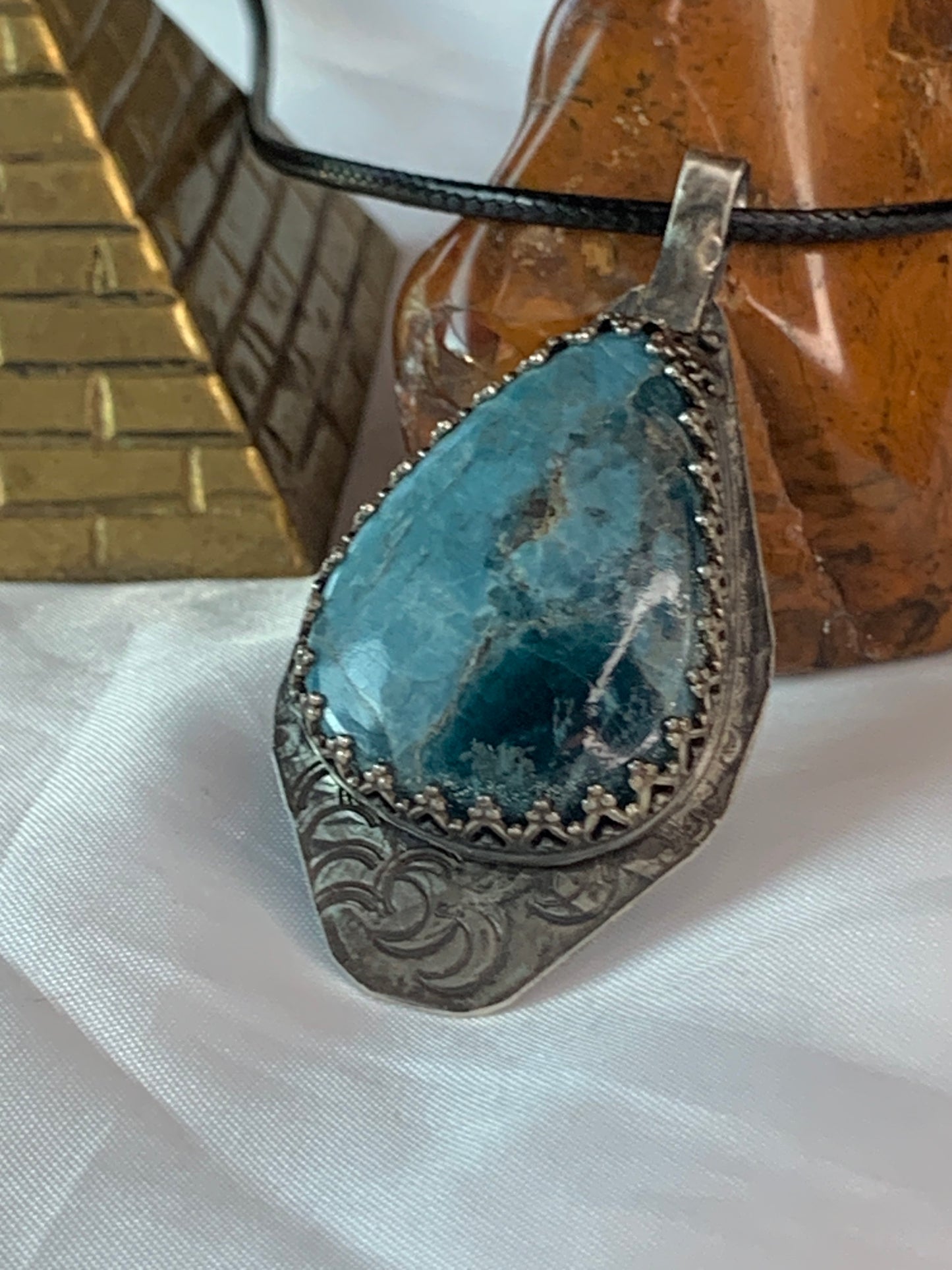 Large Oxidized Hammered Moon Shattuckite Sterling Silver Pendant