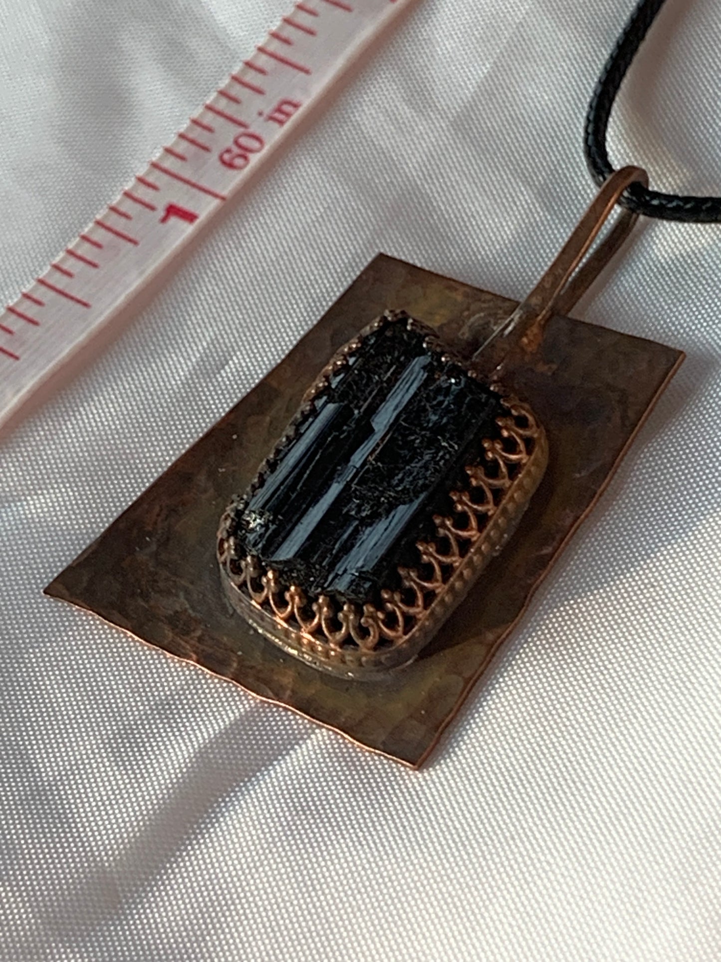 Large Raw Black Tourmaline Copper Geometric Pendant