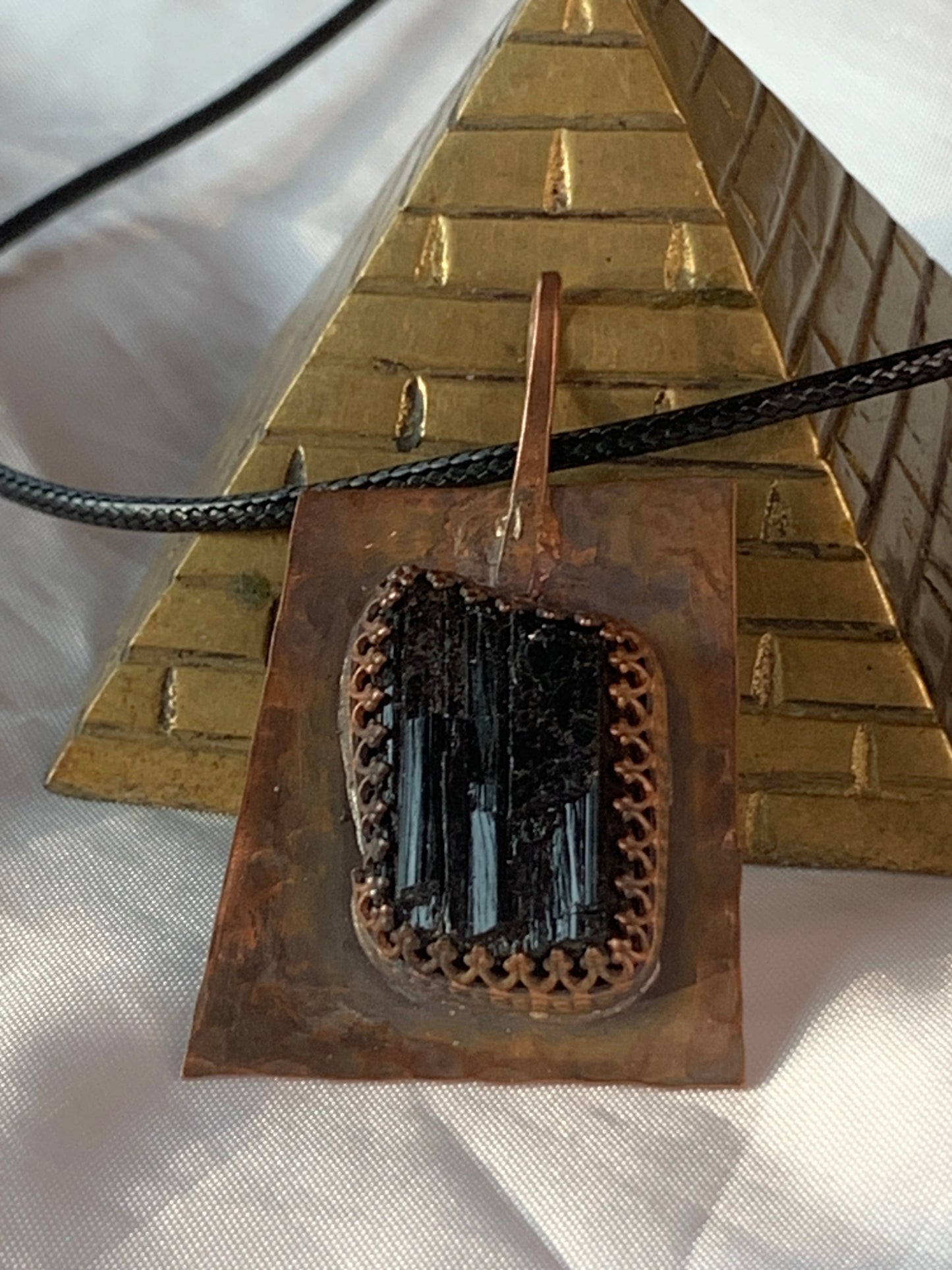 Large Raw Black Tourmaline Copper Geometric Pendant