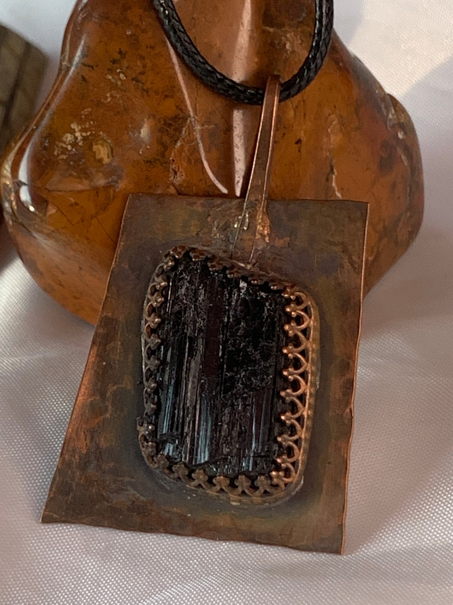 Large Raw Black Tourmaline Copper Geometric Pendant