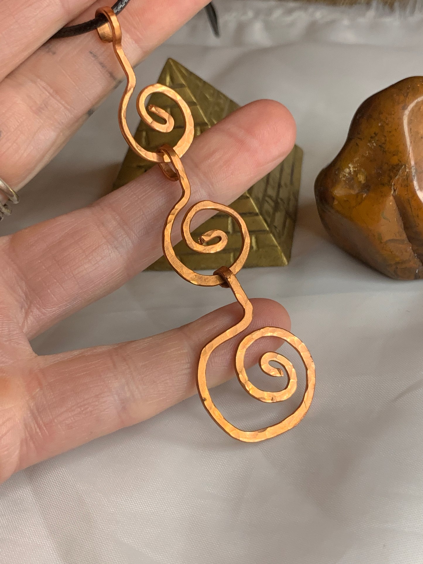 Large Geometric Unique Hammered Copper Spiral Trinity Pendant