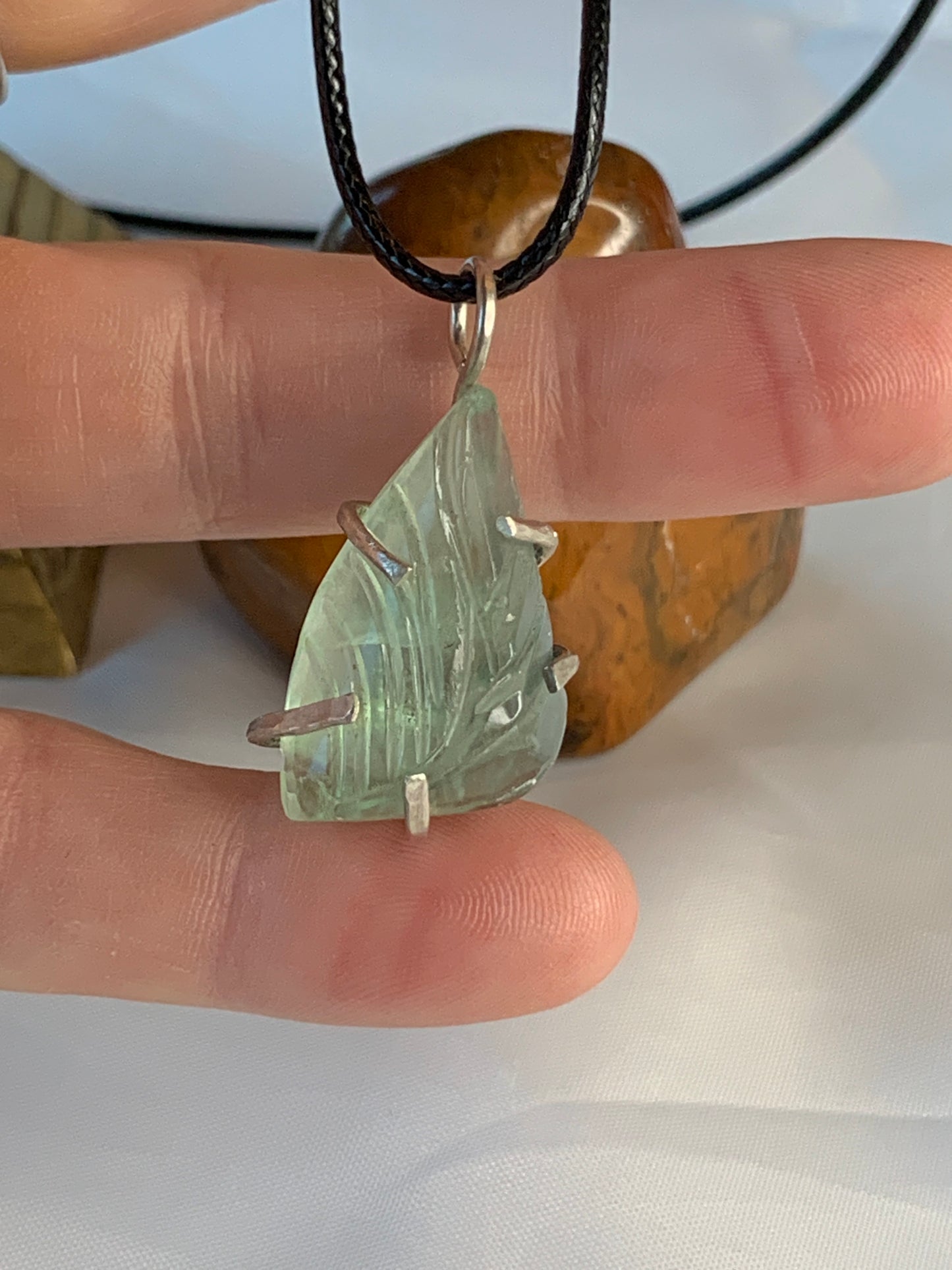 Carved Fluorite Sterling Silver Pendant