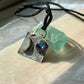 Hammered Oxidized Geometric Blue Kyanite and Rainbow Moonstone Pendant