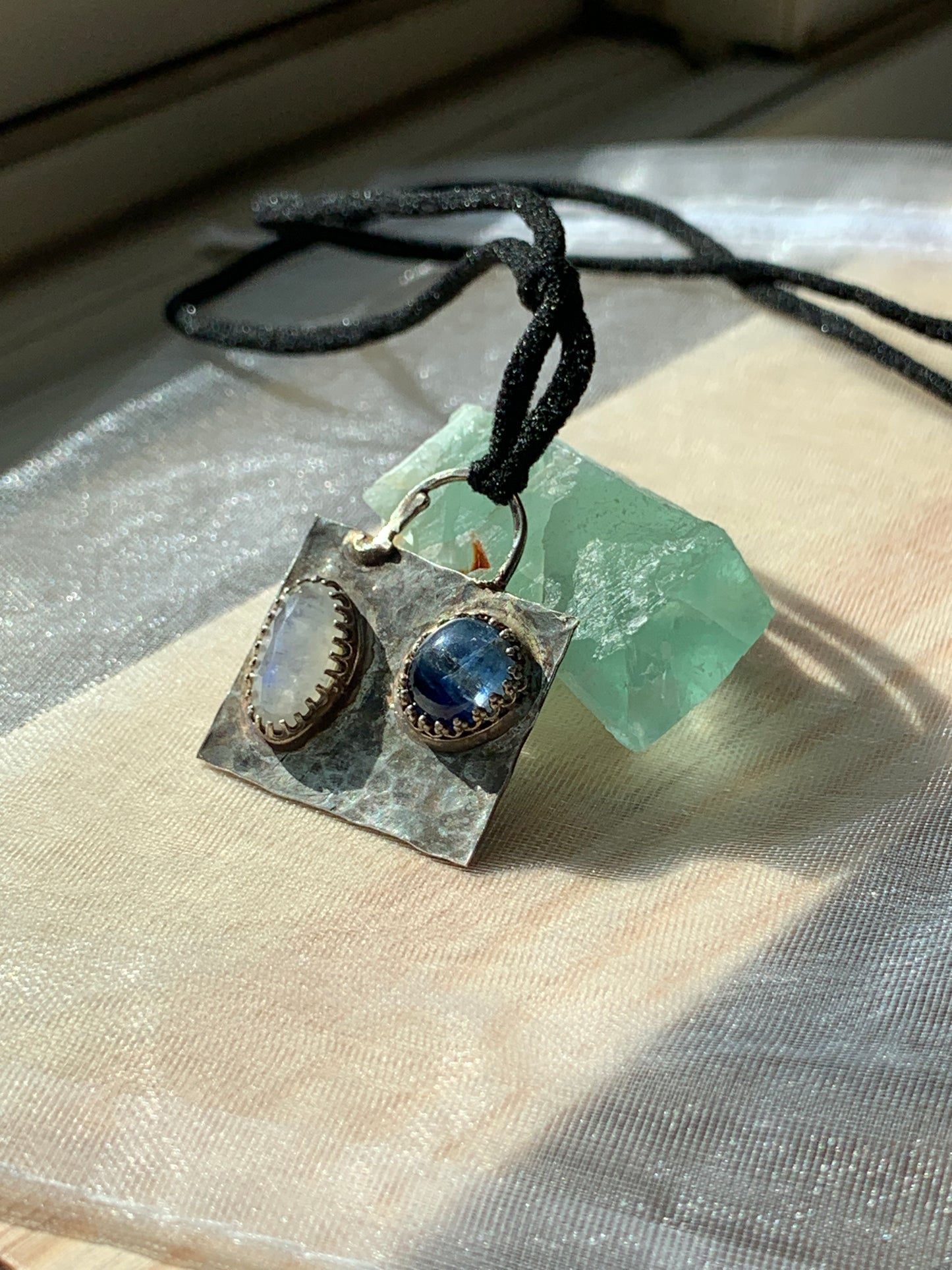 Hammered Oxidized Geometric Blue Kyanite and Rainbow Moonstone Pendant