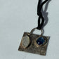 Hammered Oxidized Geometric Blue Kyanite and Rainbow Moonstone Pendant