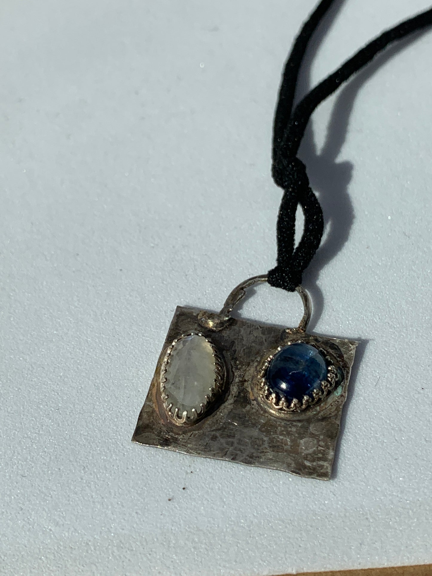 Hammered Oxidized Geometric Blue Kyanite and Rainbow Moonstone Pendant