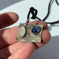 Hammered Oxidized Geometric Blue Kyanite and Rainbow Moonstone Pendant