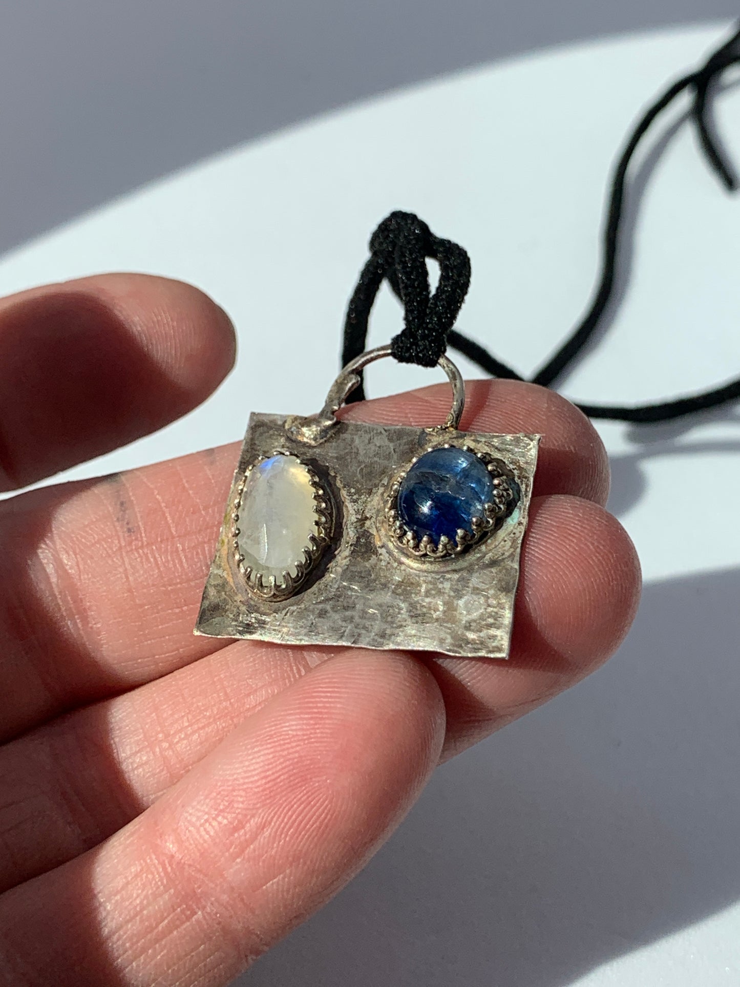 Hammered Oxidized Geometric Blue Kyanite and Rainbow Moonstone Pendant