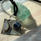 Hammered Oxidized Geometric Blue Kyanite and Rainbow Moonstone Pendant