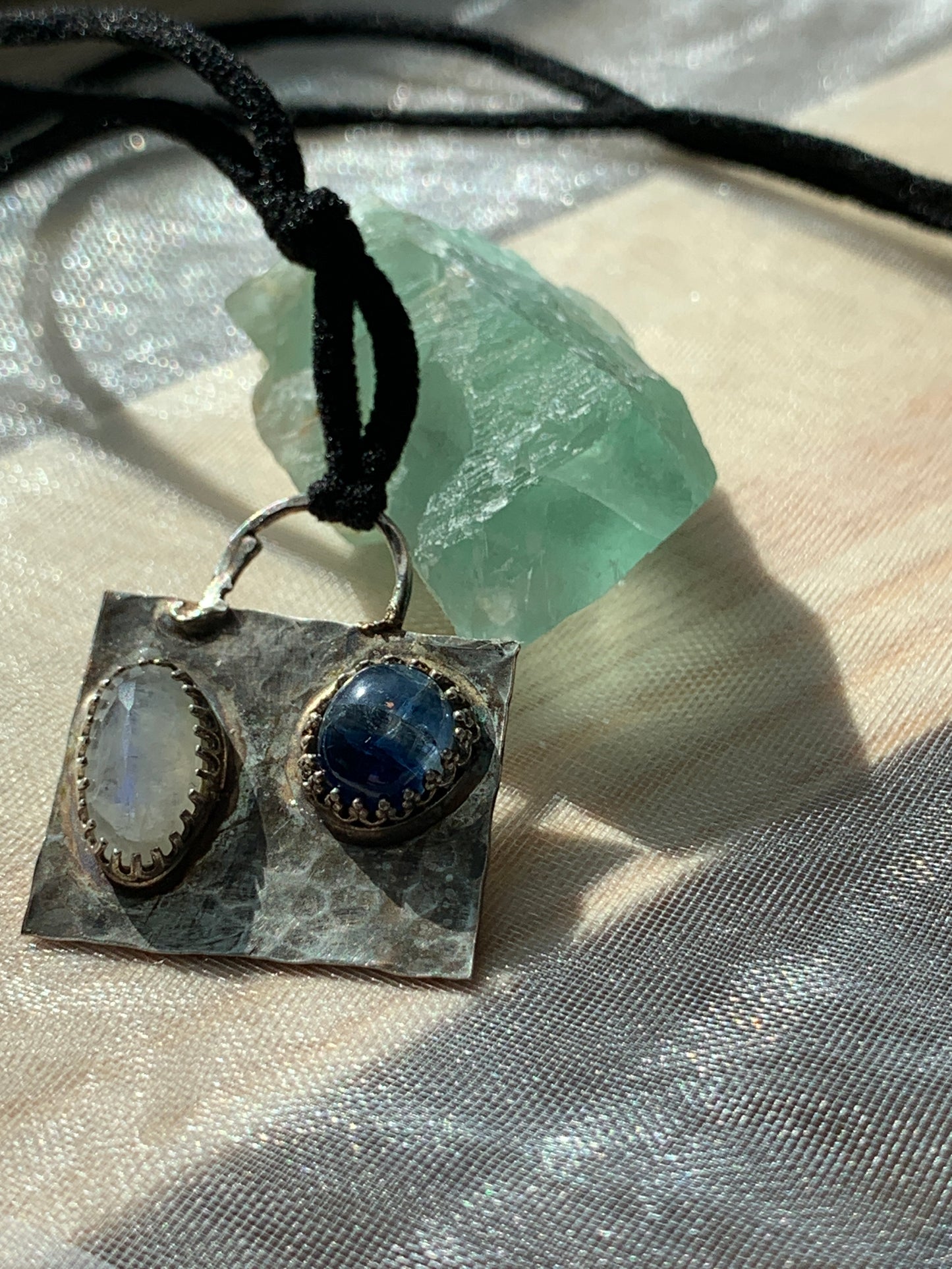 Hammered Oxidized Geometric Blue Kyanite and Rainbow Moonstone Pendant