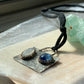 Hammered Oxidized Geometric Blue Kyanite and Rainbow Moonstone Pendant