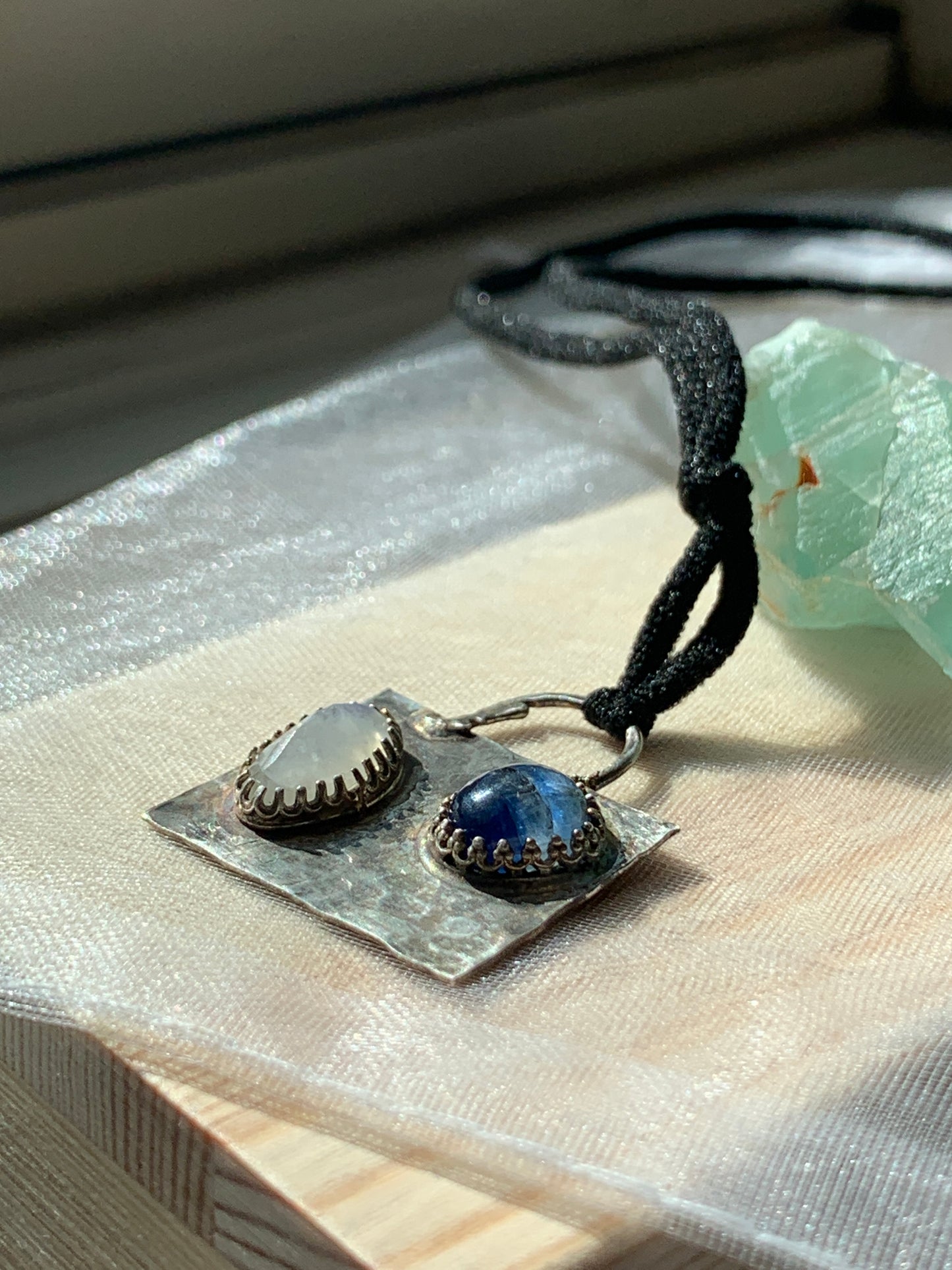 Hammered Oxidized Geometric Blue Kyanite and Rainbow Moonstone Pendant