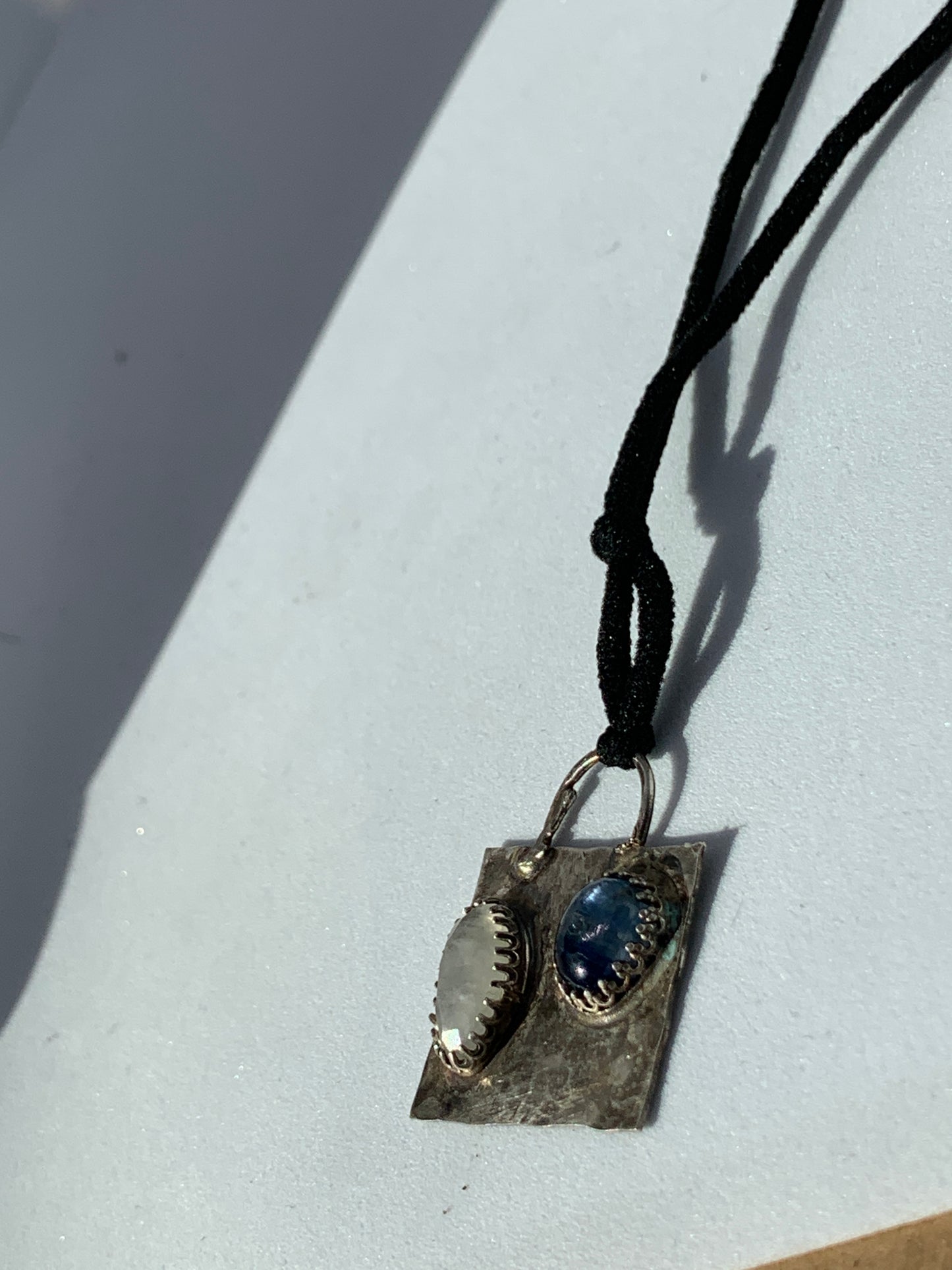 Hammered Oxidized Geometric Blue Kyanite and Rainbow Moonstone Pendant