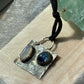 Hammered Oxidized Geometric Blue Kyanite and Rainbow Moonstone Pendant