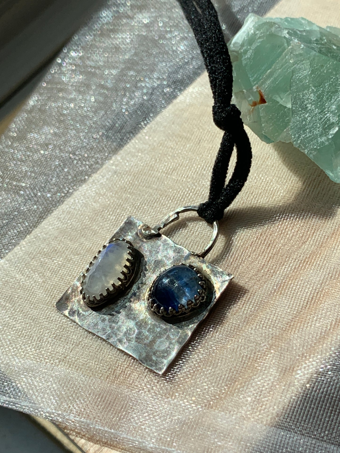 Hammered Oxidized Geometric Blue Kyanite and Rainbow Moonstone Pendant