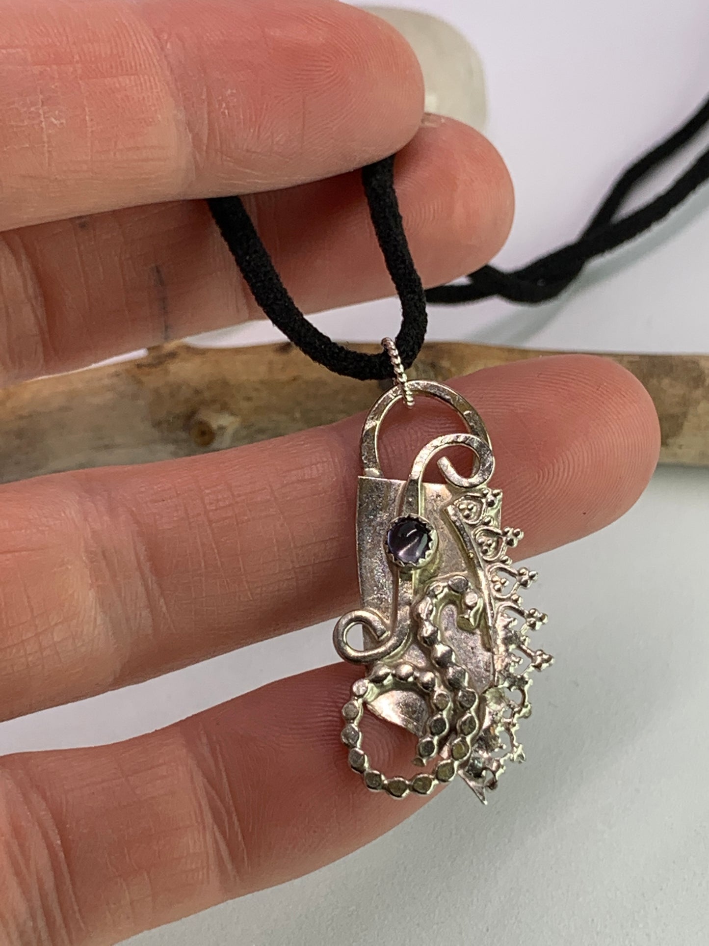 Iolite Sterling Silver Filigree Abstract Fused Necklace