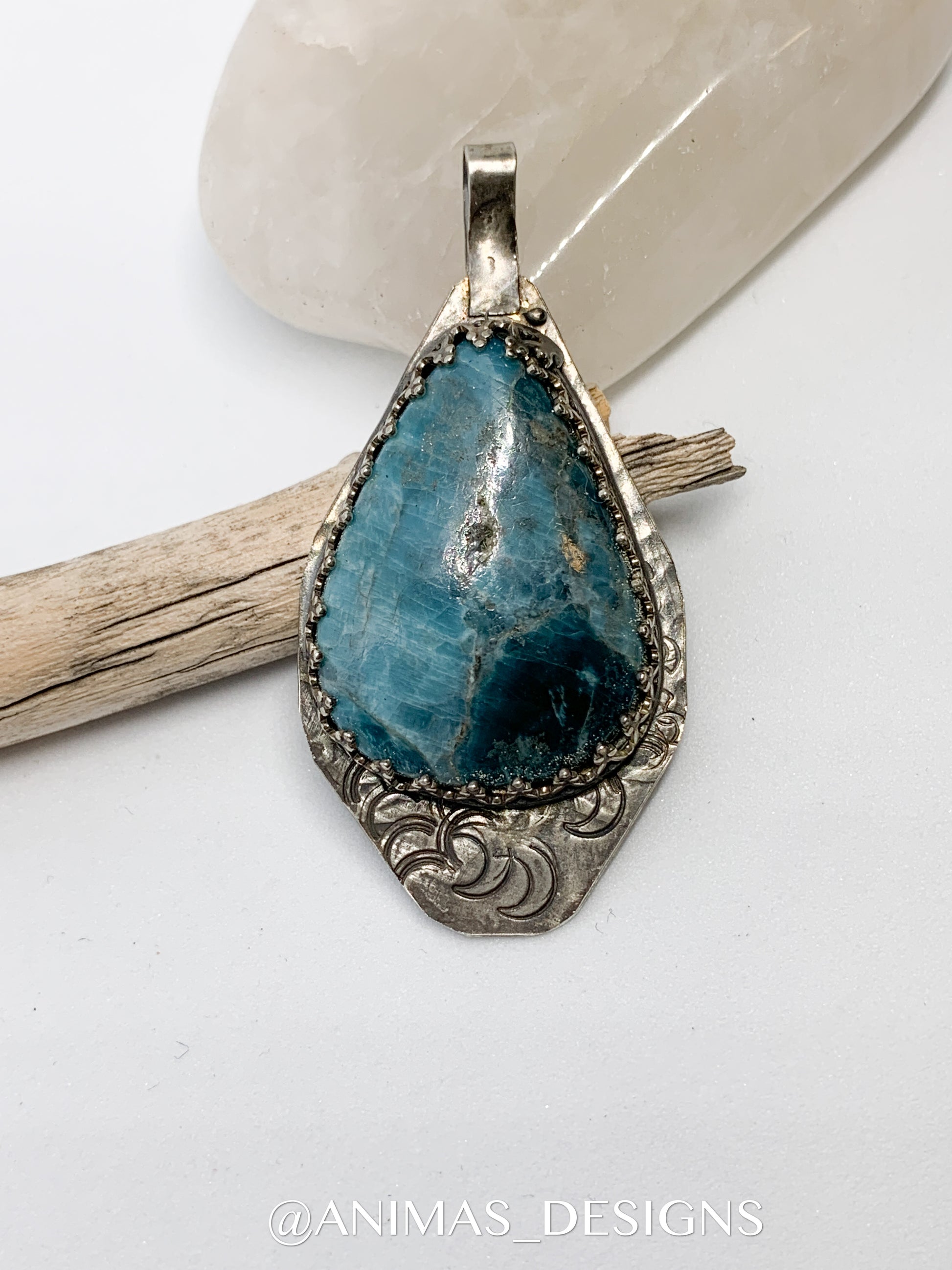 Large Oxidized Hammered Moon Shattuckite Sterling Silver Pendant