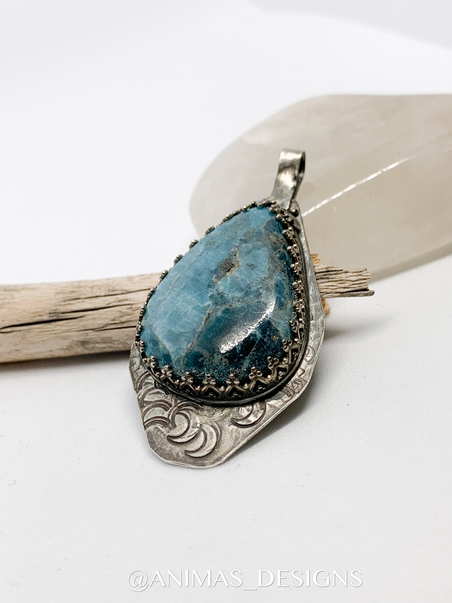 Large Oxidized Hammered Moon Shattuckite Sterling Silver Pendant