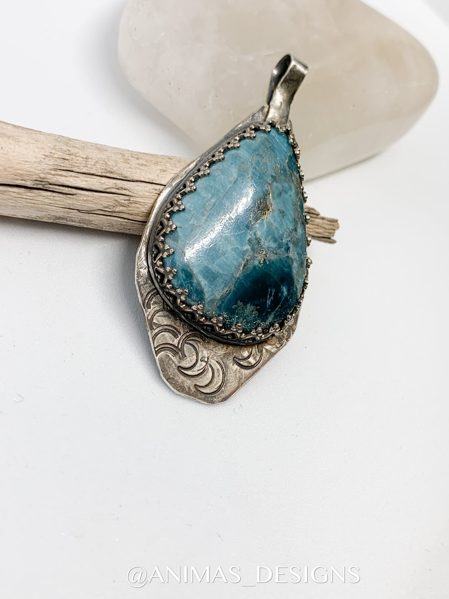 Large Oxidized Hammered Moon Shattuckite Sterling Silver Pendant