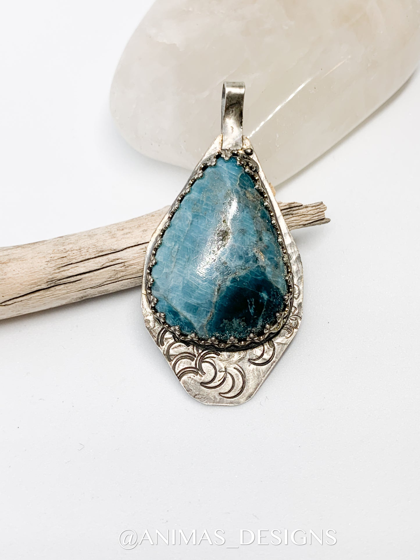 Large Oxidized Hammered Moon Shattuckite Sterling Silver Pendant