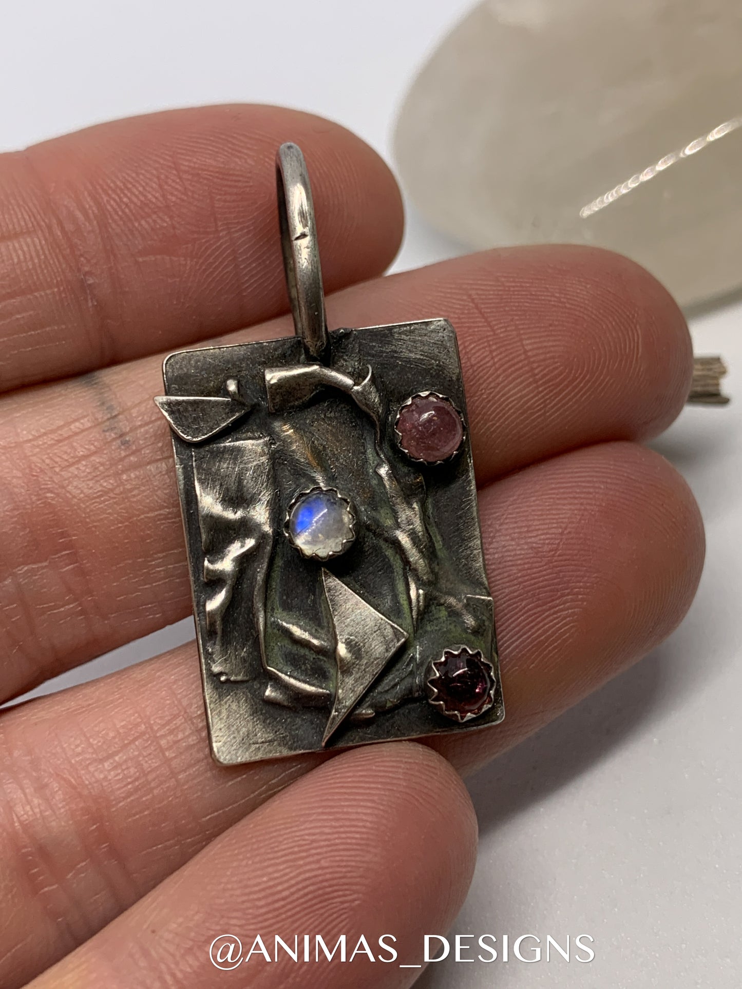 Oxidized Antiqued Abstract Geometric Sterling Pendant with Moonstone and Pink Tourmaline