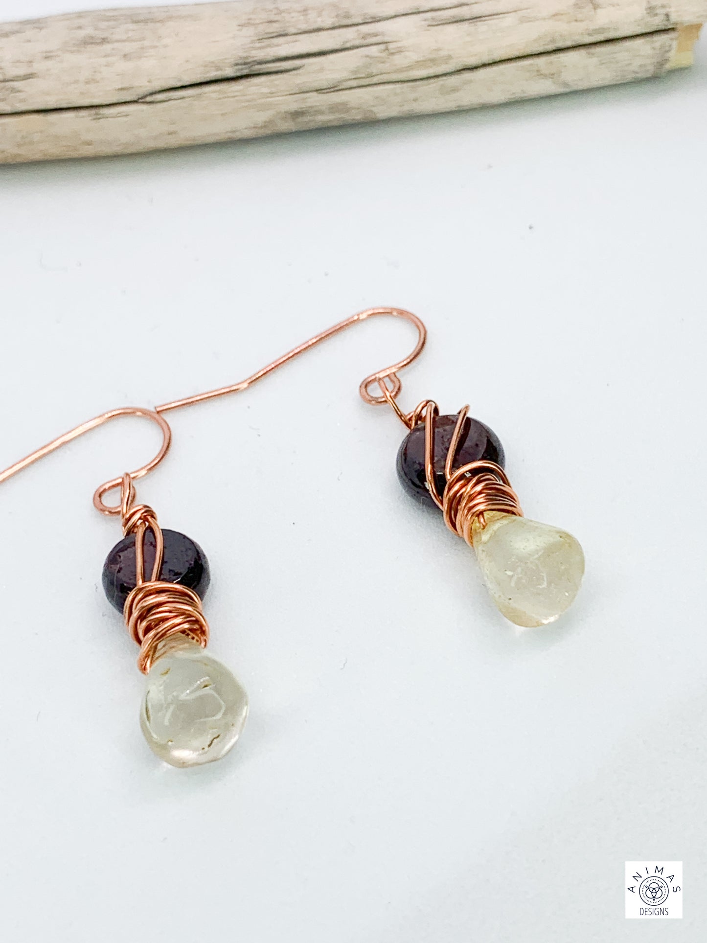 Lemon Quartz and Garnet Copper Earrings. French wired. Pierced.