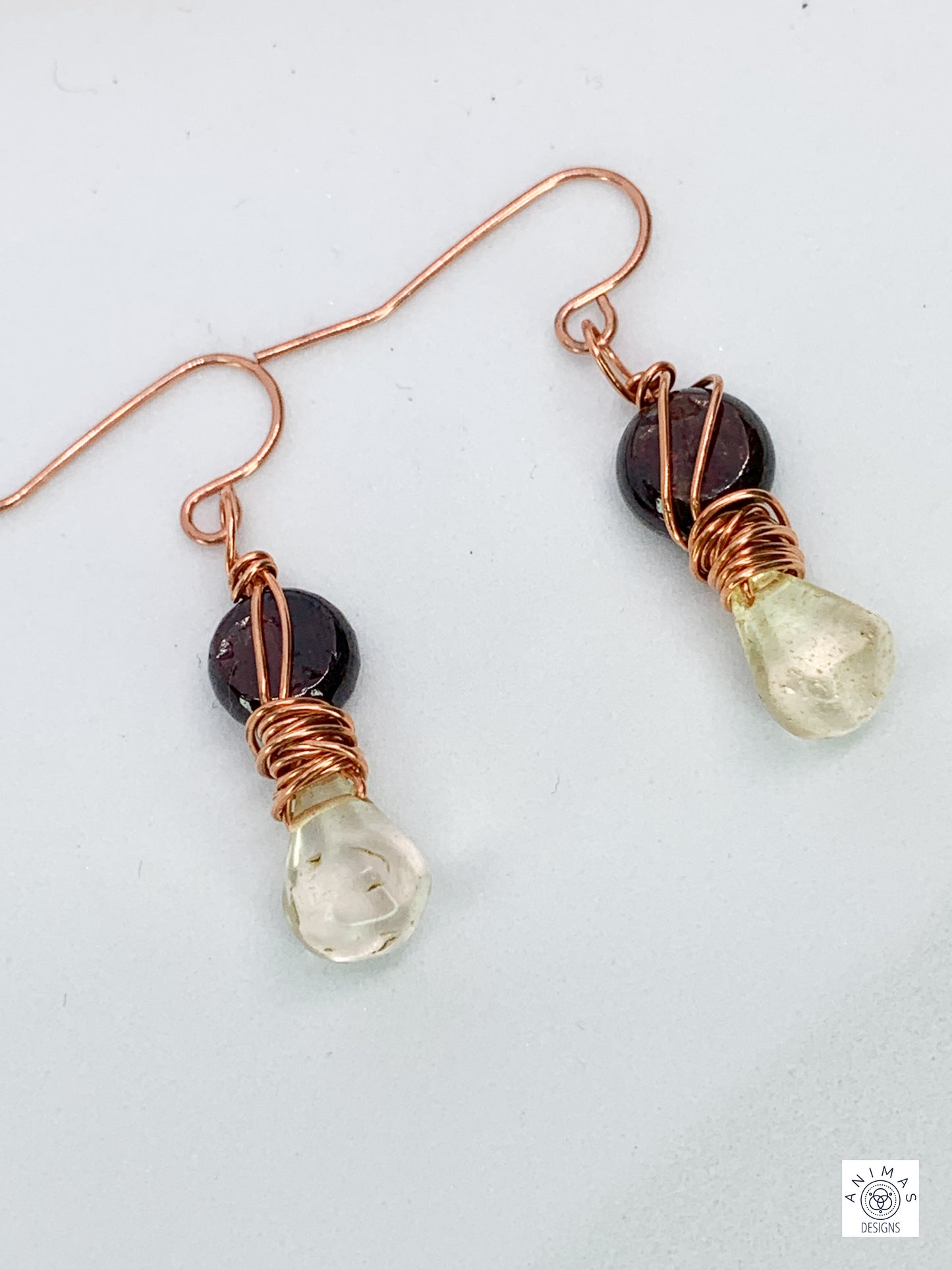 Lemon Quartz and Garnet Copper Earrings. French wired. Pierced.