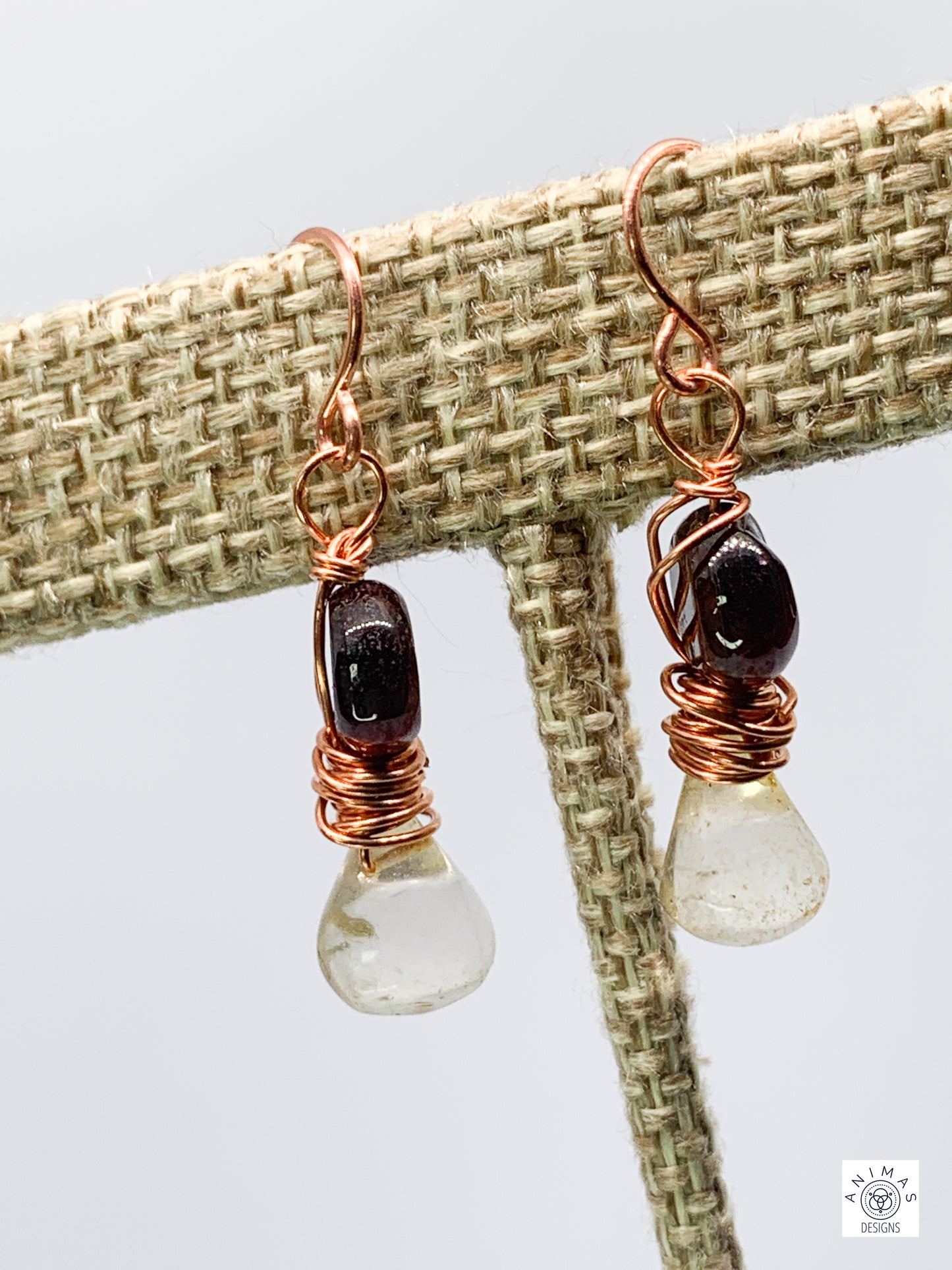 Lemon Quartz and Garnet Copper Earrings. French wired. Pierced.