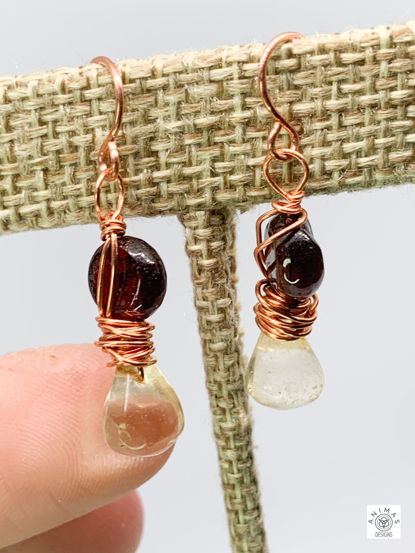 Lemon Quartz and Garnet Copper Earrings. French wired. Pierced.