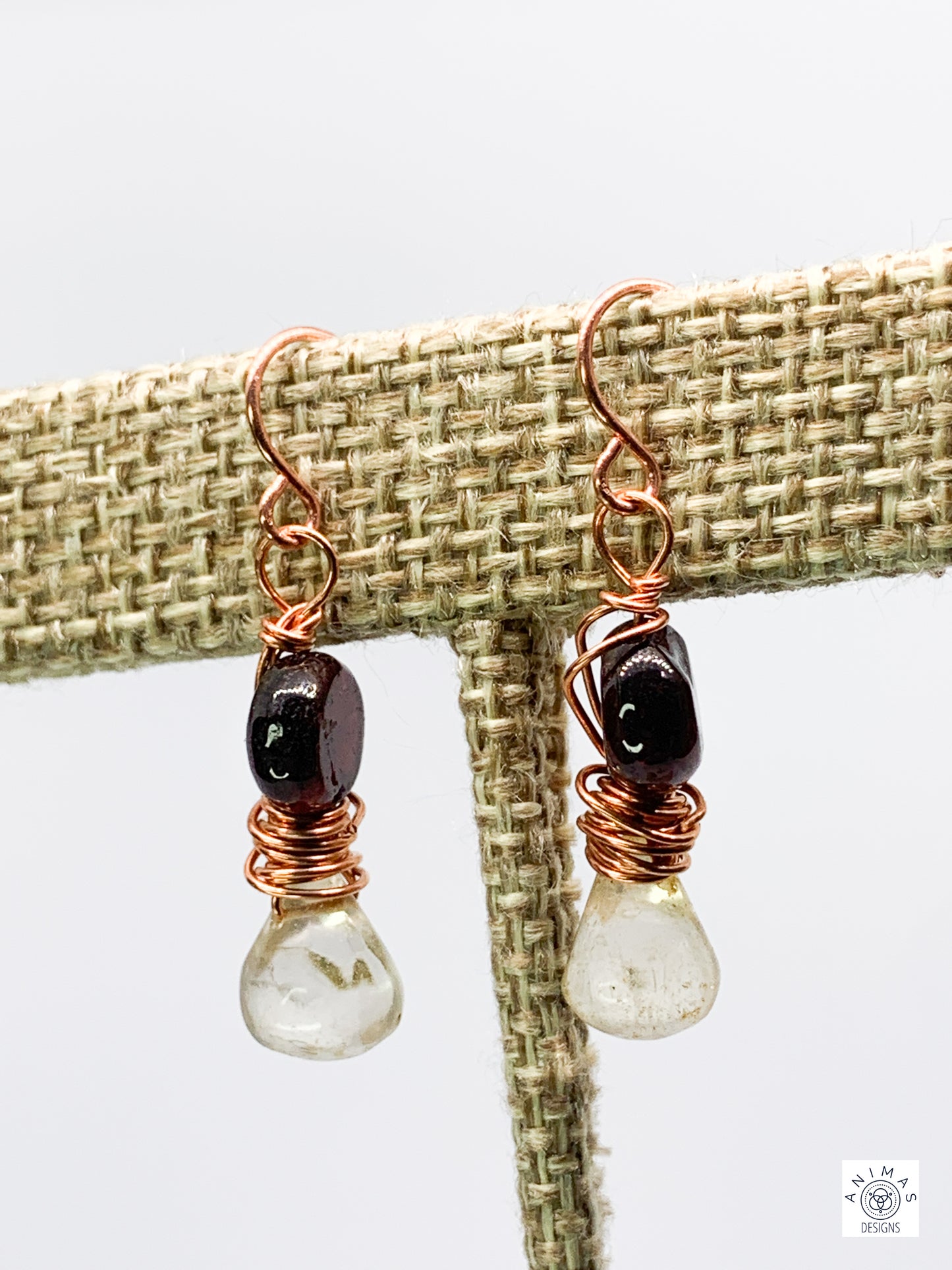 Lemon Quartz and Garnet Copper Earrings. French wired. Pierced.