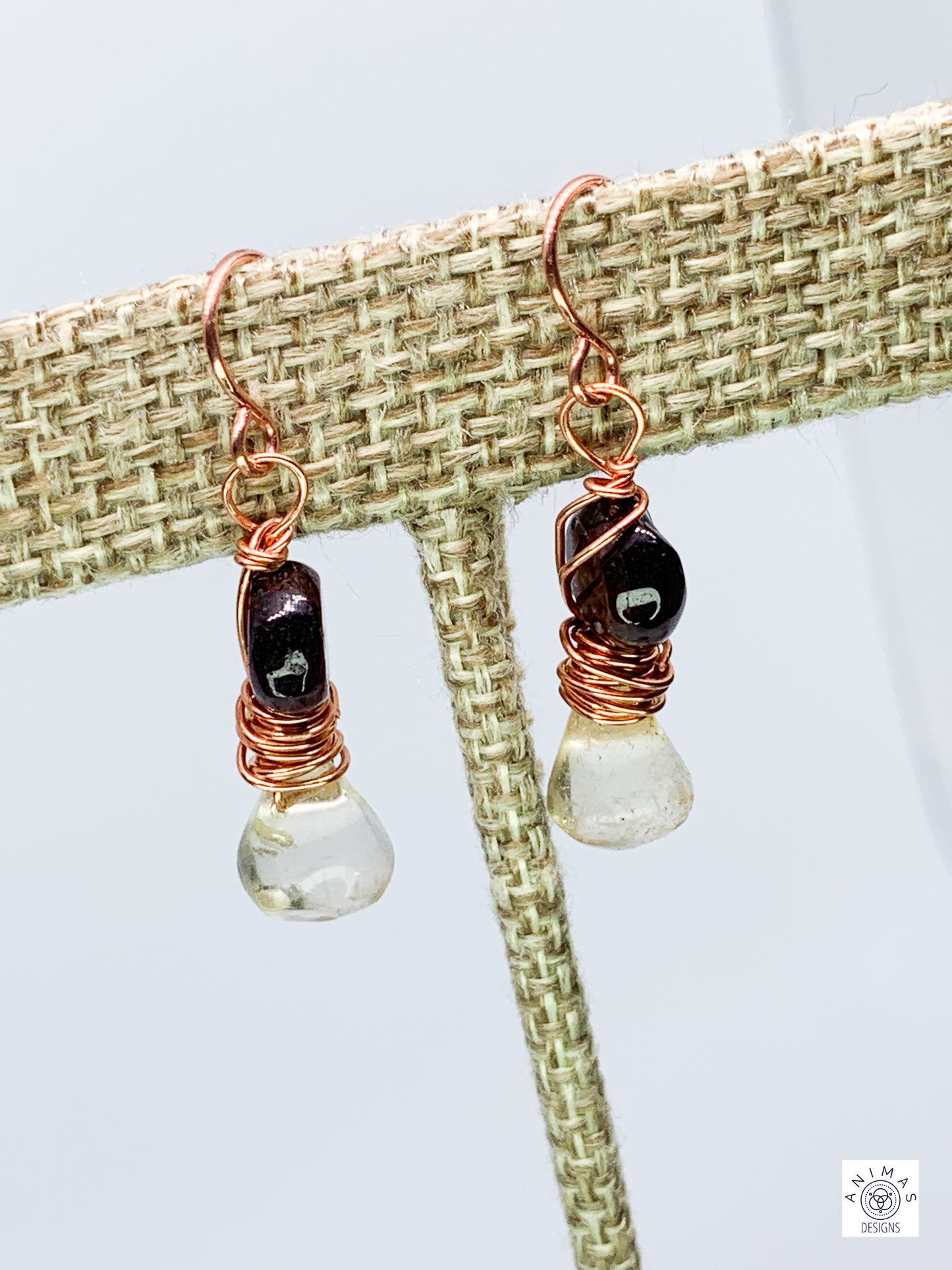 Lemon Quartz and Garnet Copper Earrings. French wired. Pierced.