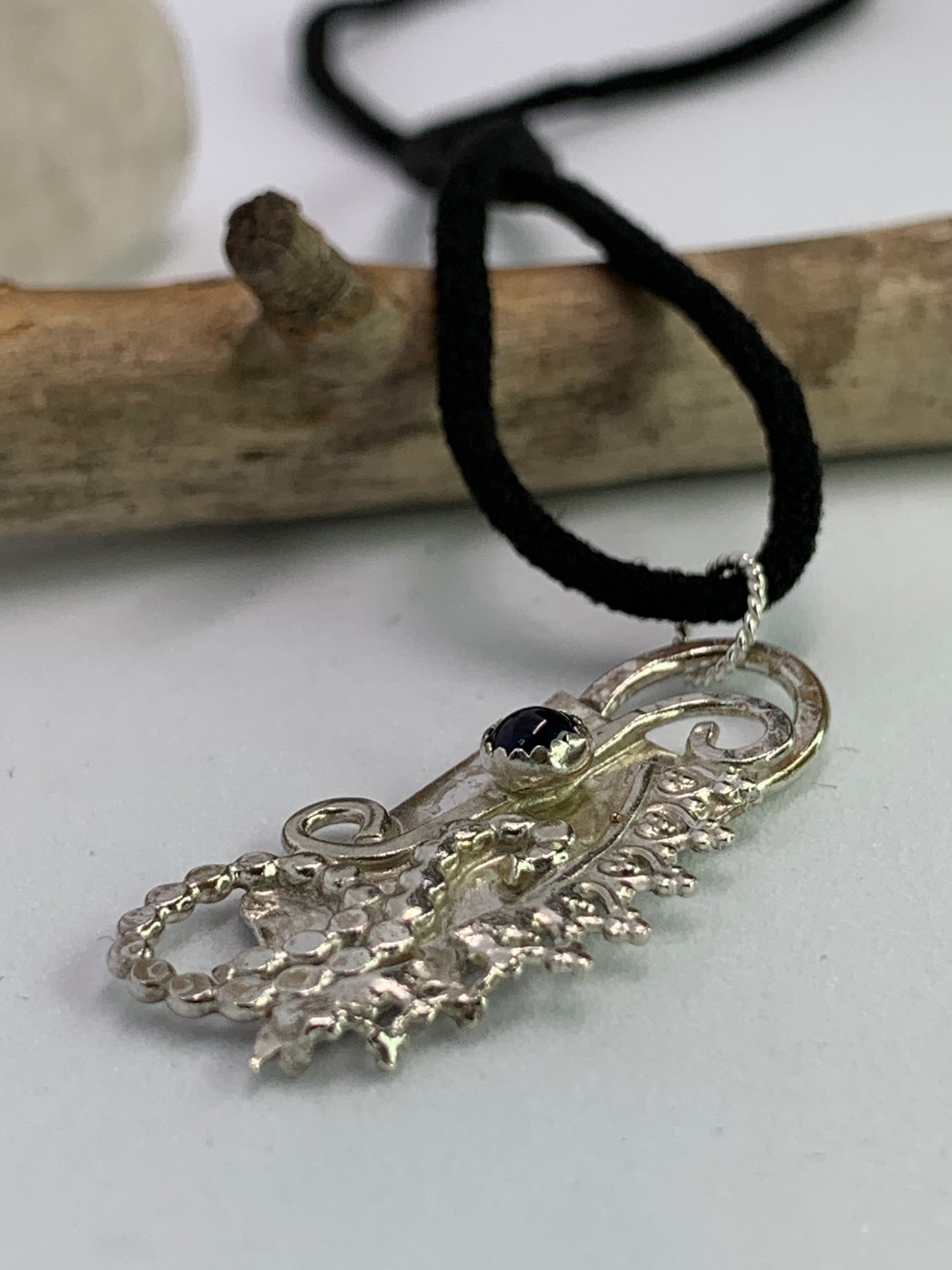 Iolite Sterling Silver Filigree Abstract Fused Necklace. Handmade in Colorado, USA. Each piece is unique and one of a kind. 