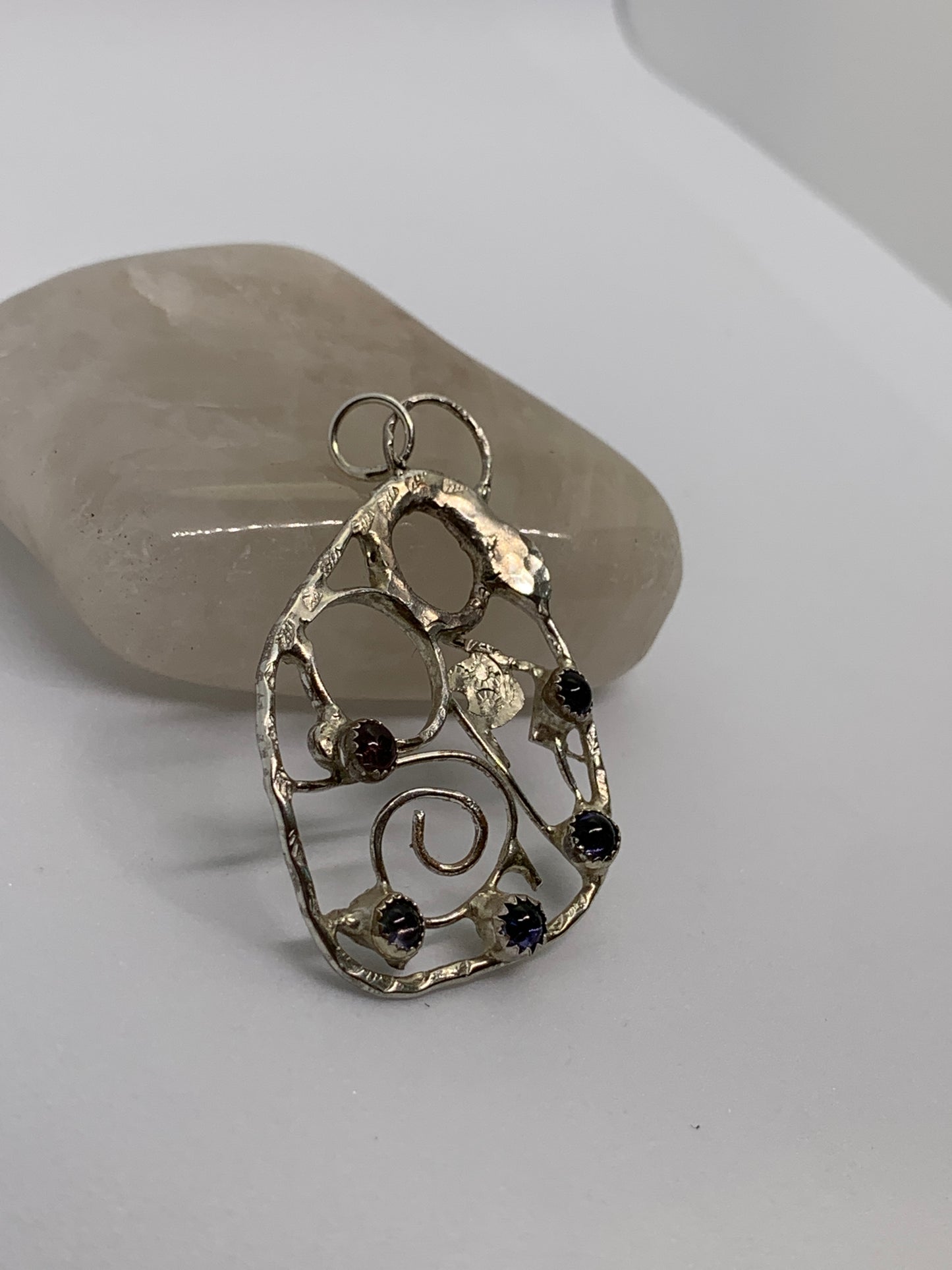 Large Abstract Filigree Sterling Silver Pendant with Tourmaline and Iolite Stones