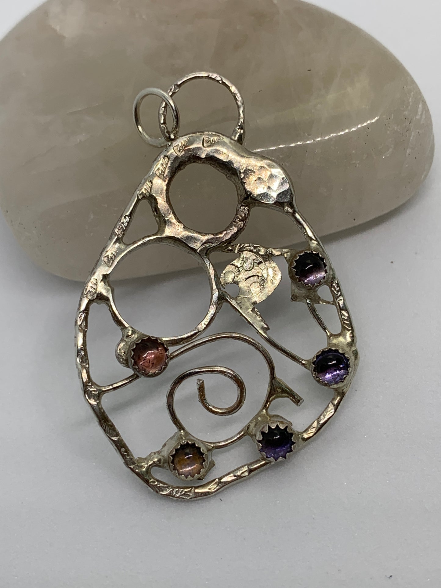 Large Abstract Filigree Sterling Silver Pendant with Tourmaline and Iolite Stones