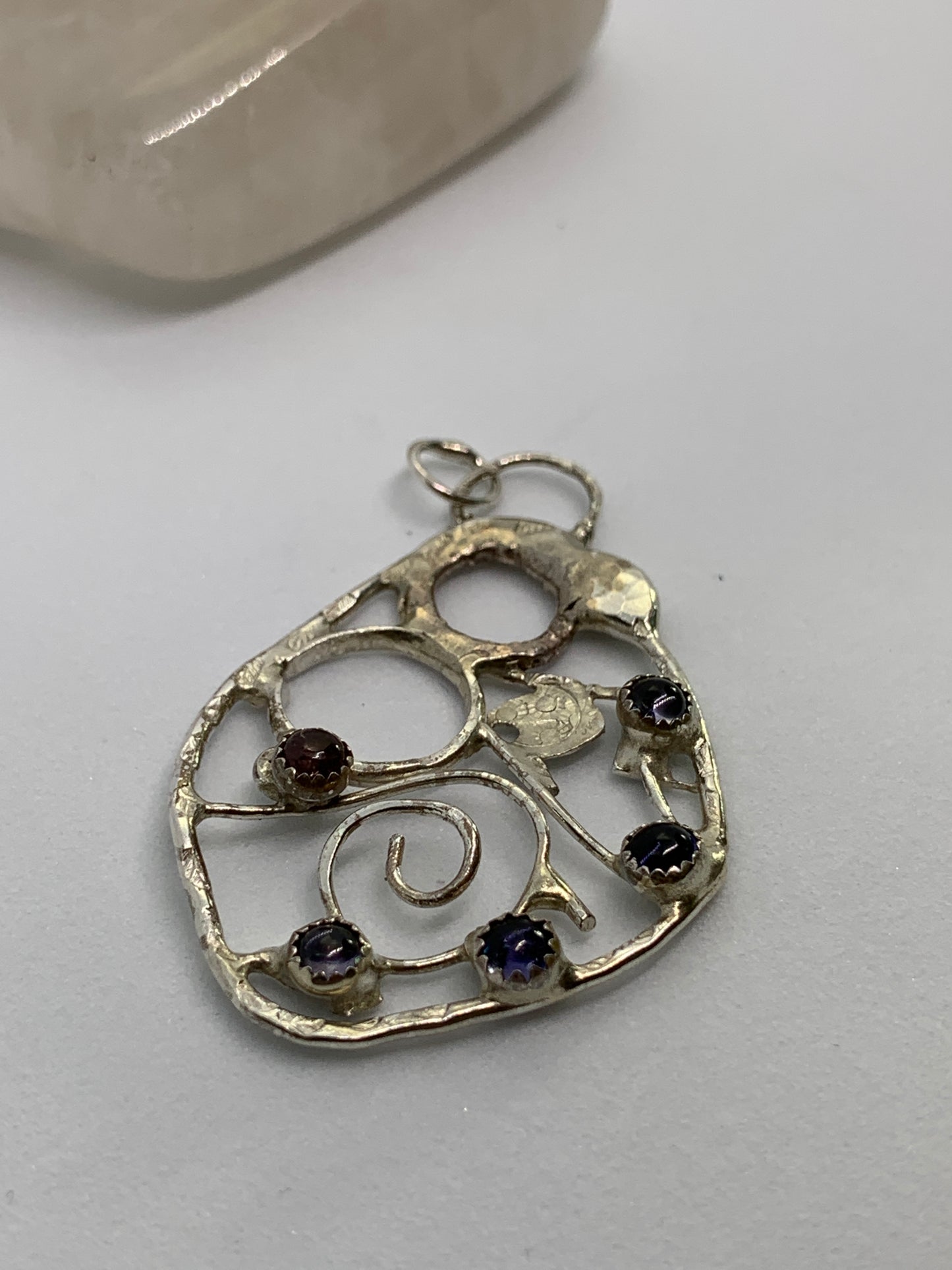 Large Abstract Filigree Sterling Silver Pendant with Tourmaline and Iolite Stones